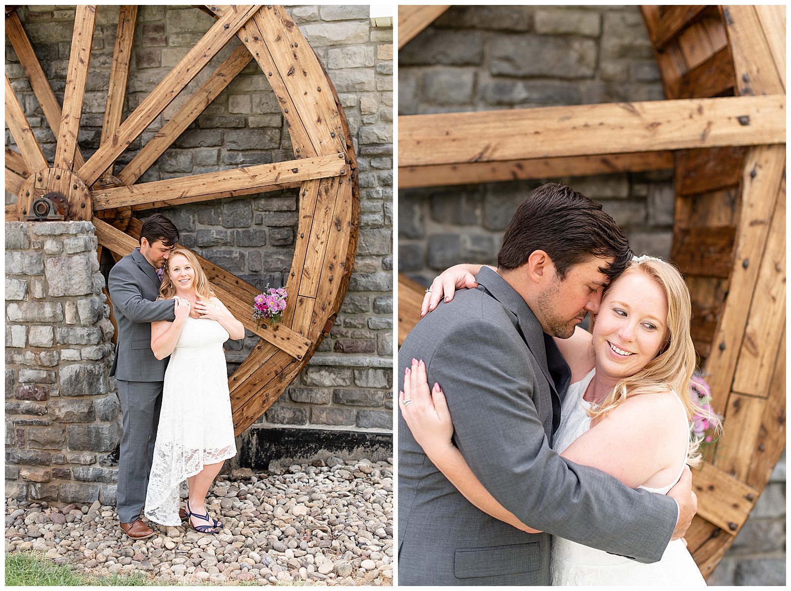 husband and wife photos in front of large wood water wheel