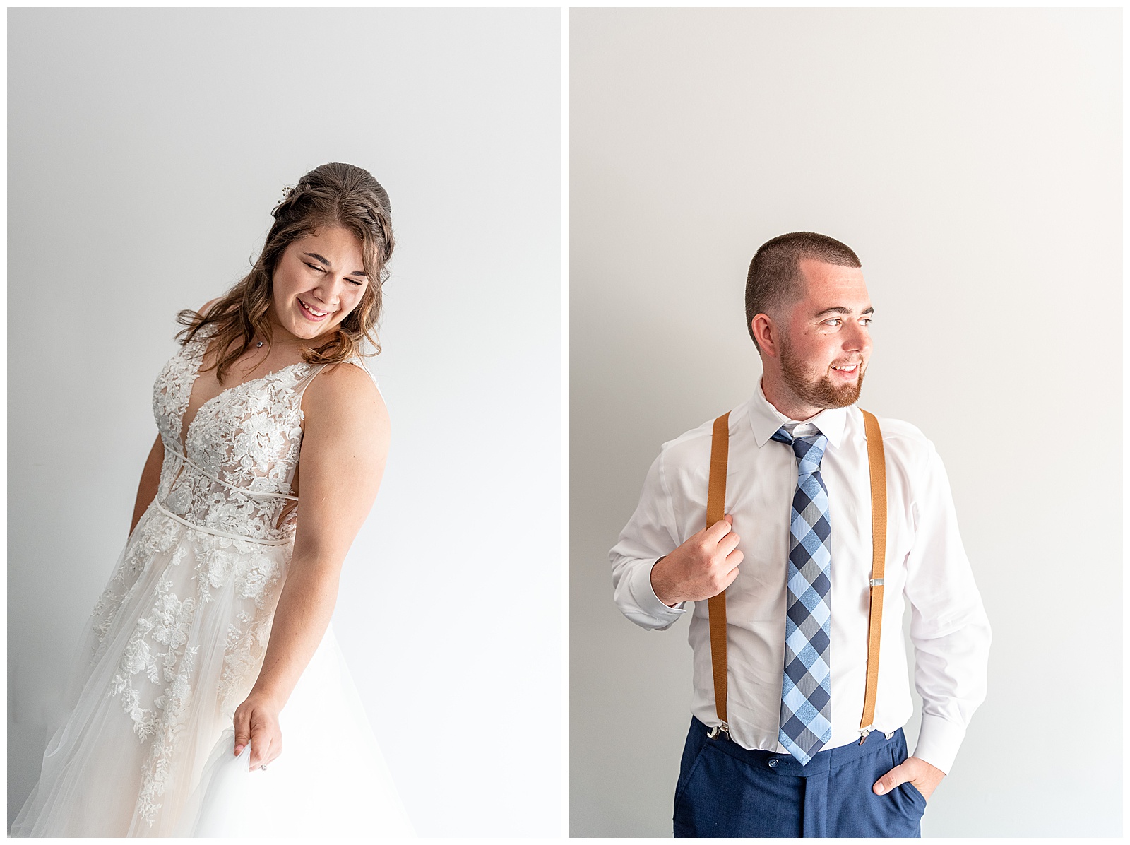 bridal portrait and groom portrait against white wall