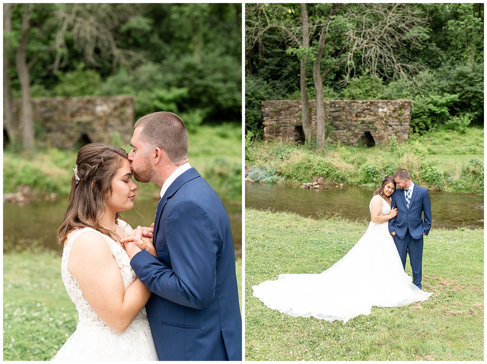 bride and groom portraits in front of stone wall