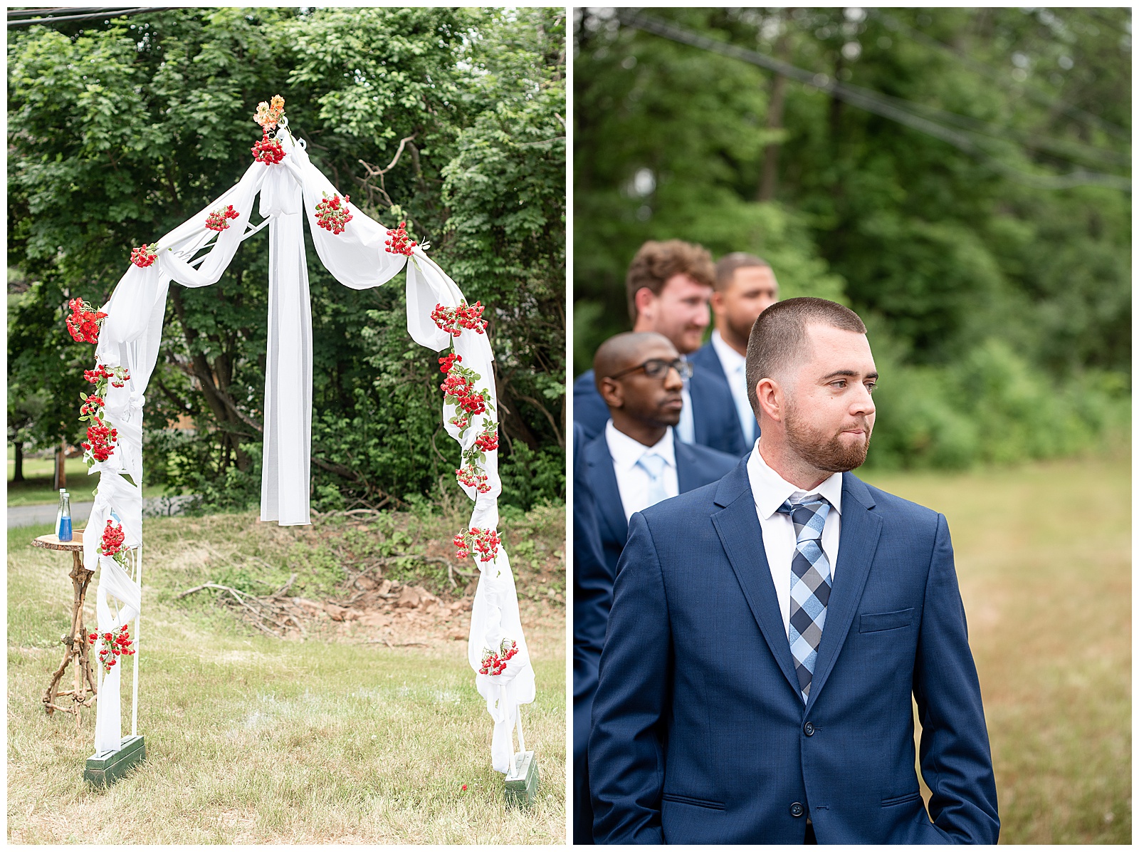 groom standing at front of aisle watching bride come towards him