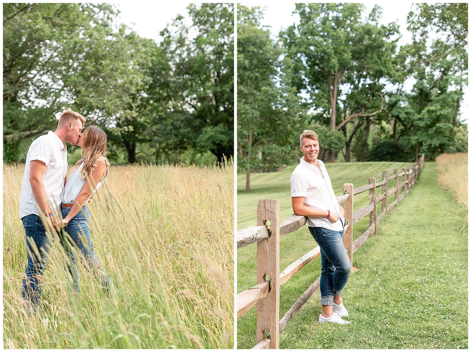 couple standing in tall grass field kissing, and guy solo shot leaning against fence smiling at camera