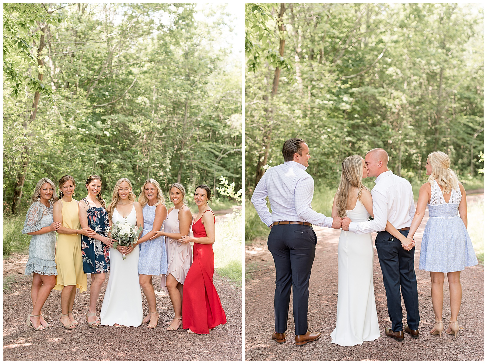 bridesmaids smiling at camera in the middle of woods