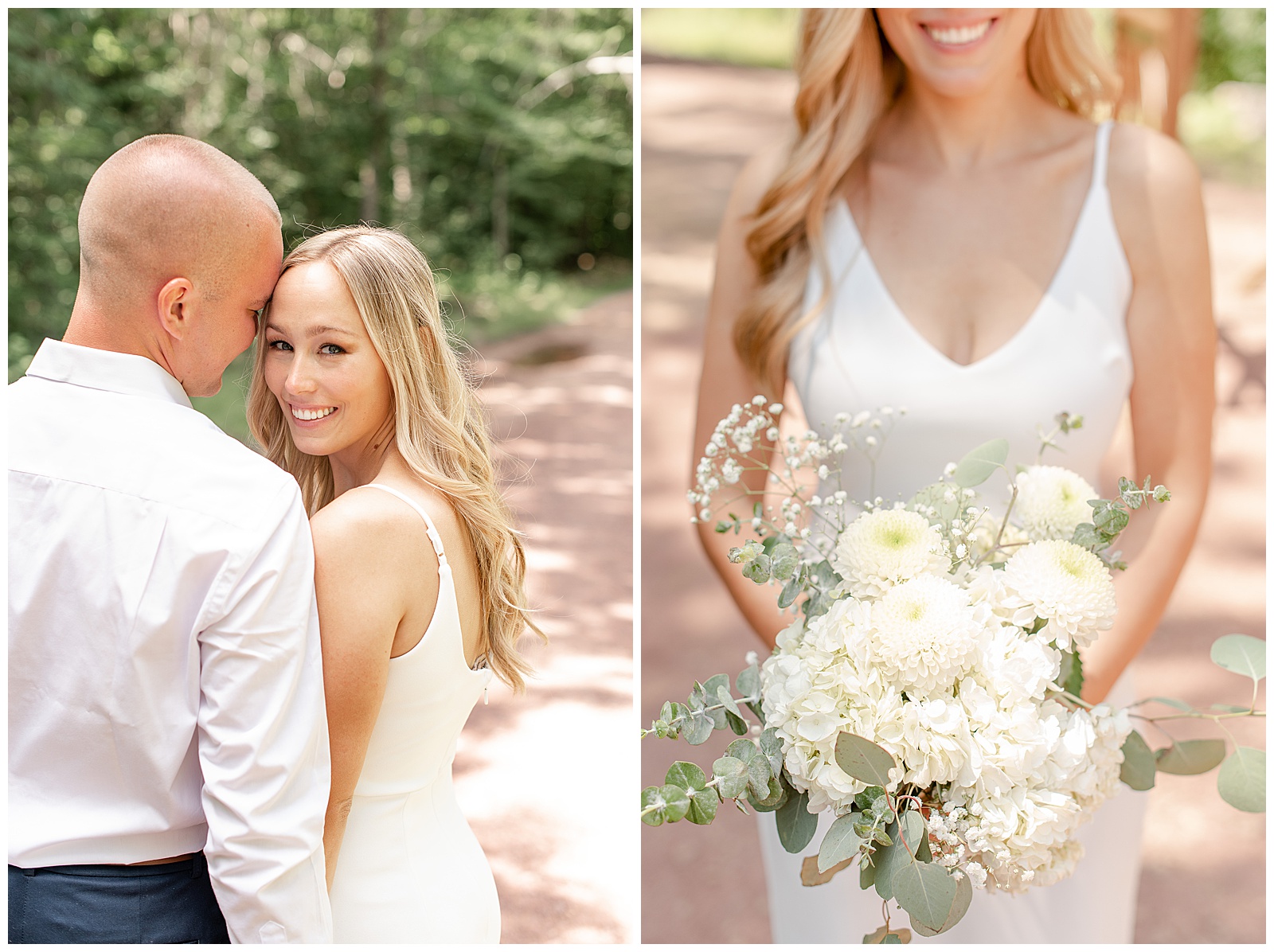 bride and groom portraits on path in the middles of the woods