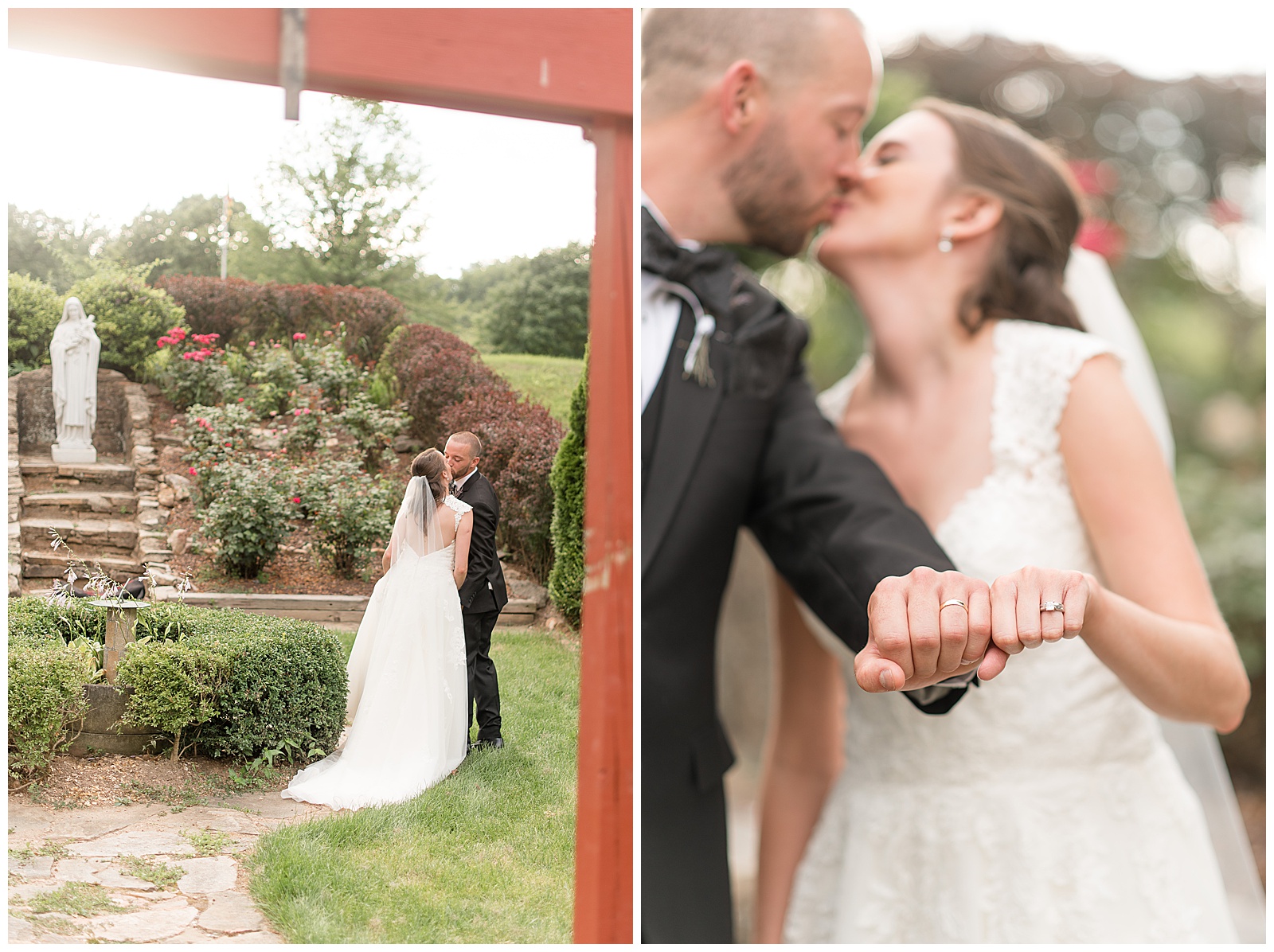 groom and bride portraits in rose garden at the Shrine of Saint Anthony