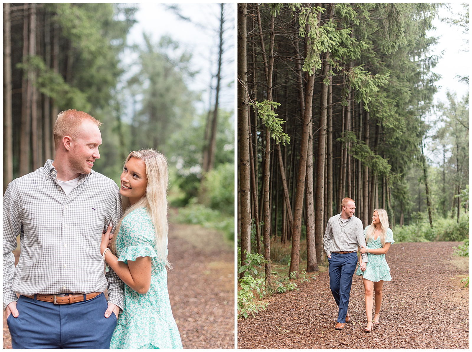 couple walking beside pine grove for engagement session