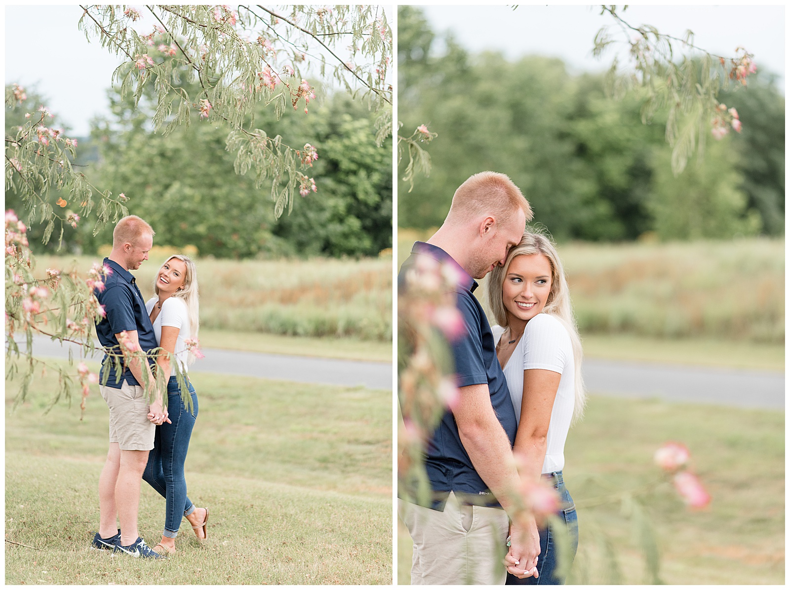 engagement session at Overlook Park with pink flowering tree around them
