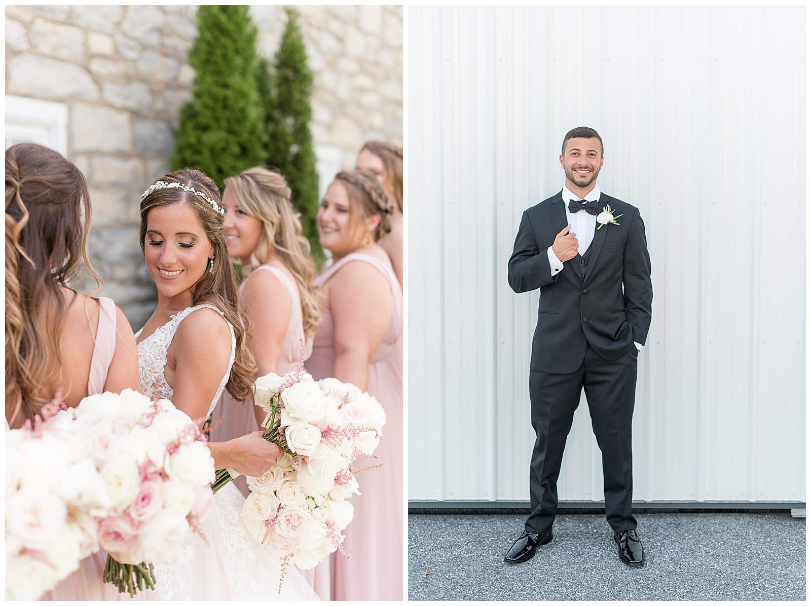 bride with bridesmaids looking over shoulder and smiling, and groom portrait