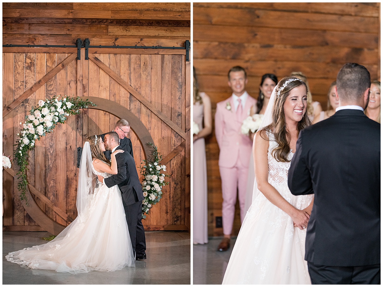 bride and groom kissing in front of circular arch with florals at ceremony in Hay Barn