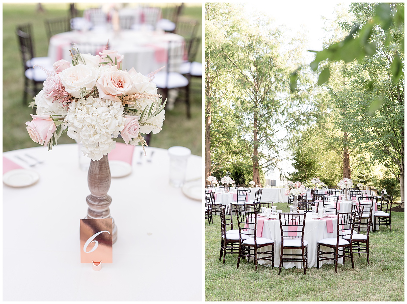 reception set up outside surrounded by trees with sun coming through the leaves, pink and white floral centerpieces and pink napkins