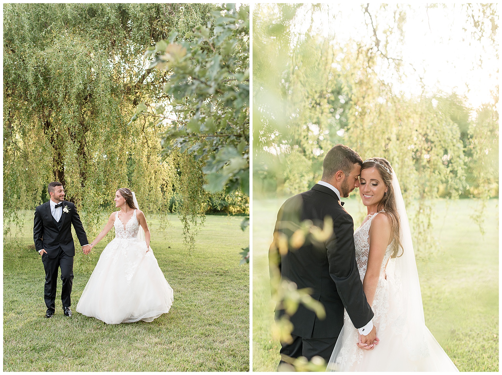bride and groom sharing an intimate moment with willow tree leaves floating around them
