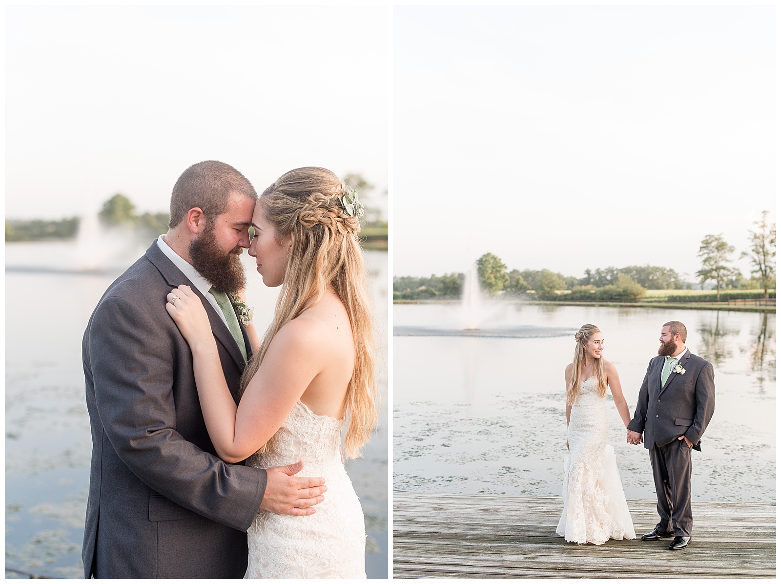 bride and groom portraits at the lake at Lakeview Farms