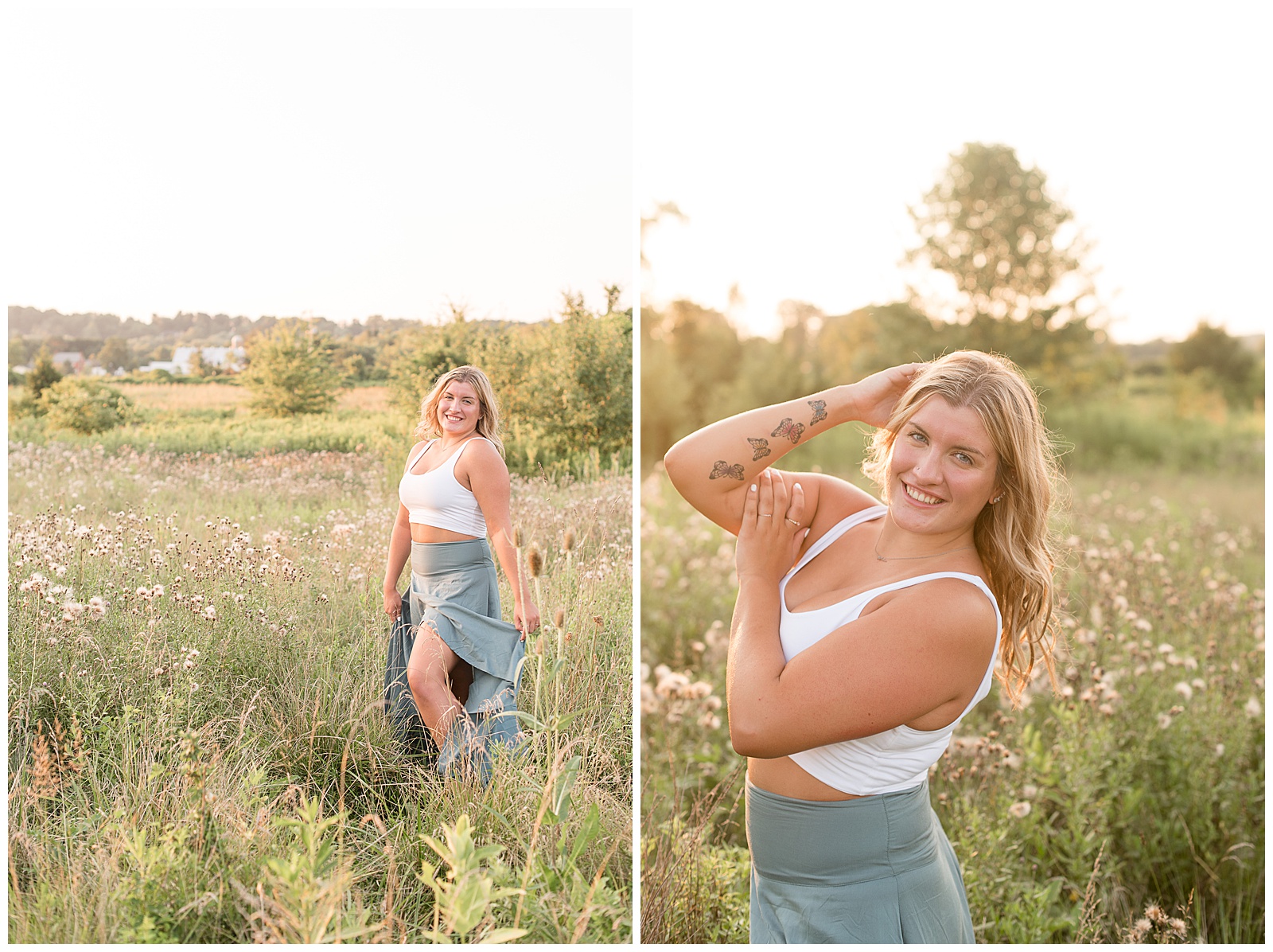 senior session in field of wild grasses during sunset