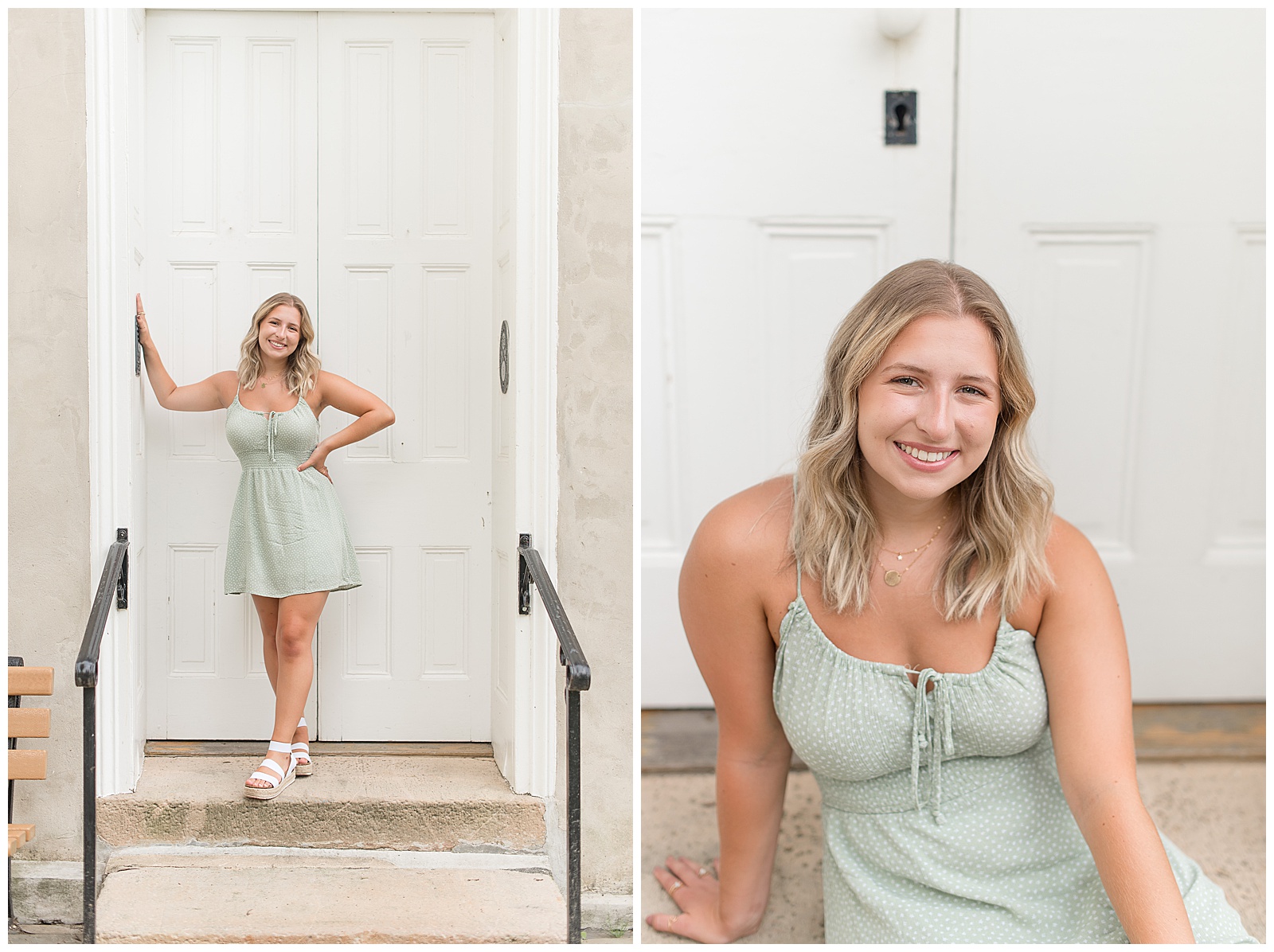 senior session at white door with light green pastel dress