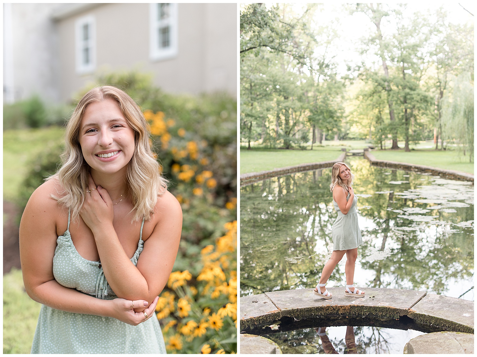 high school senior session with senior in light green flowy dress smiling towards the camera
