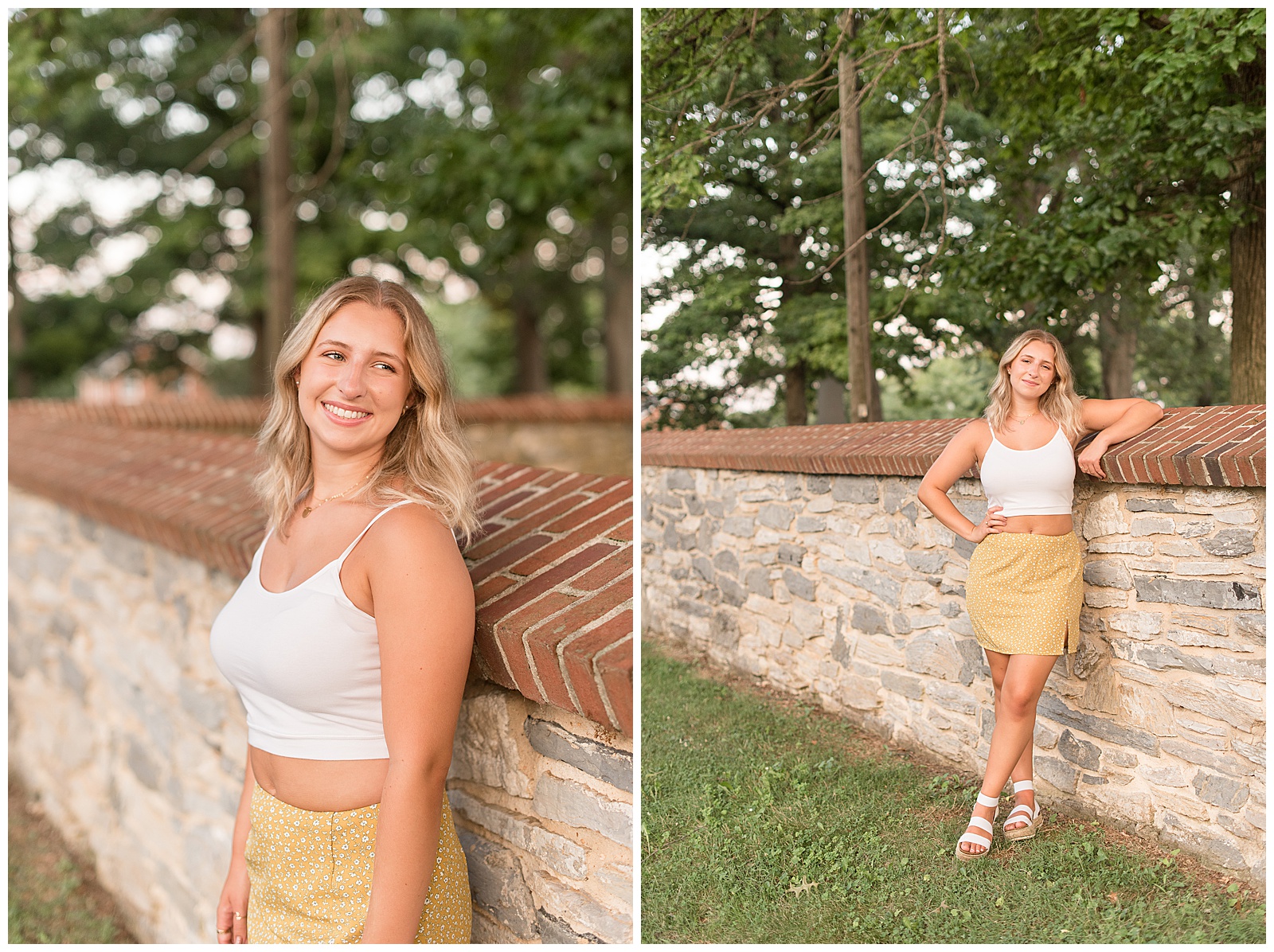 senior leaning against stone wall during sunset session