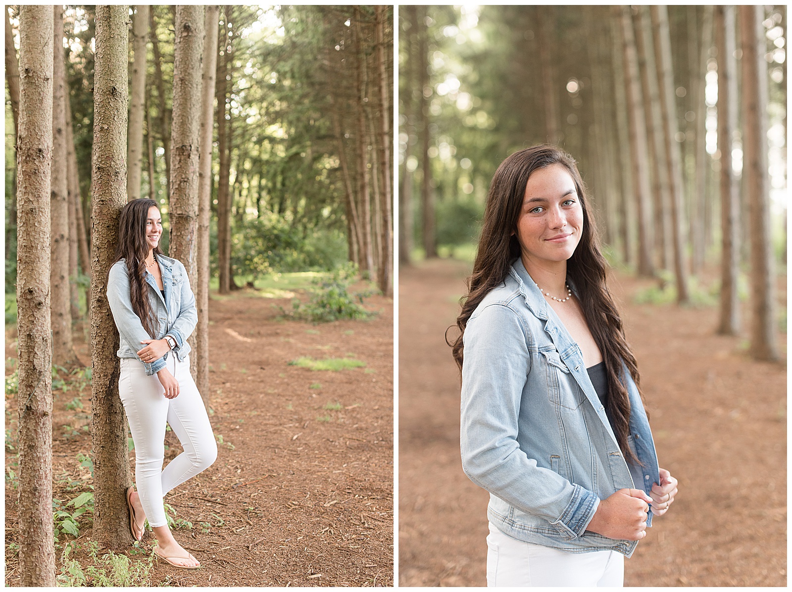senior session at row of grove trees at Overlook Park