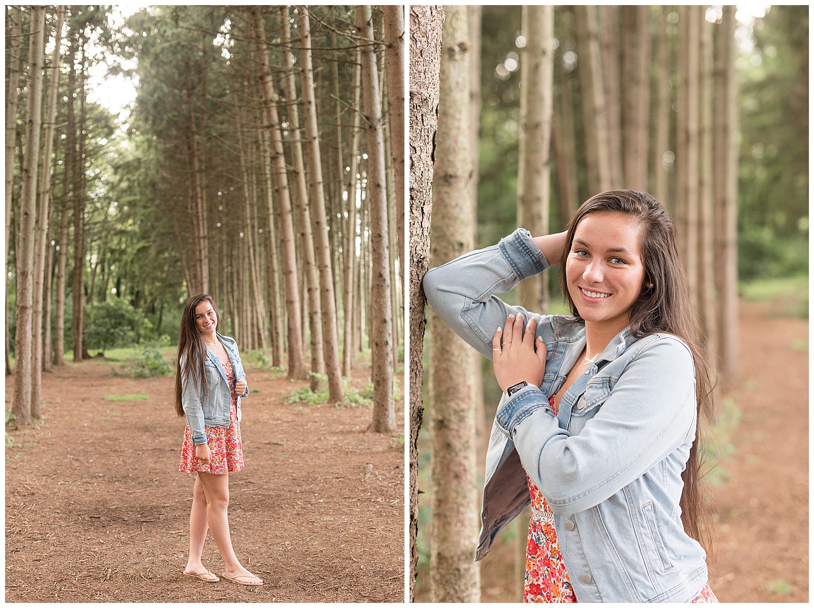 seinor in jean jacket with floral pink dress standing in grove of pine trees