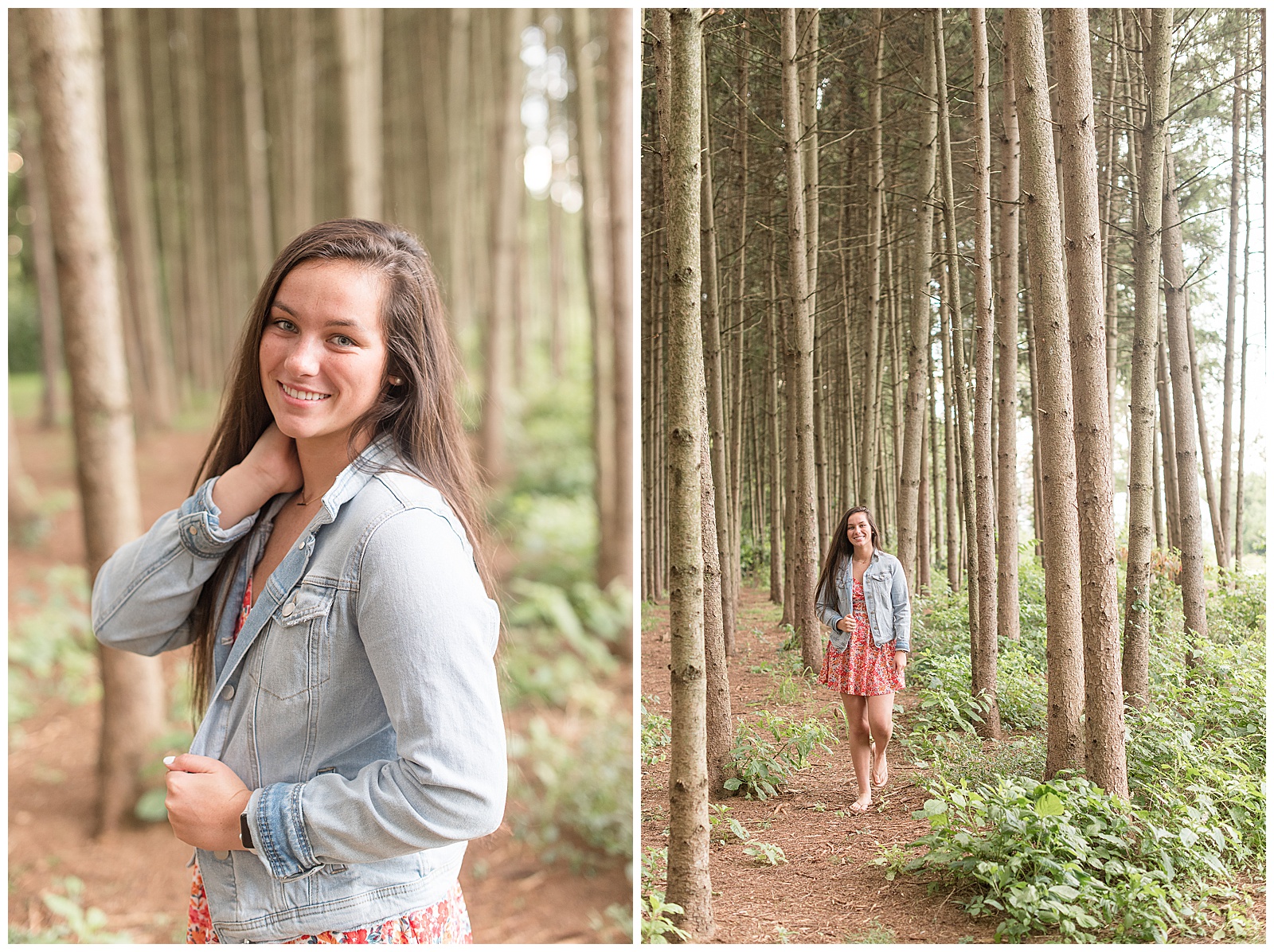 senior walking through grove of pine trees smiling at camera