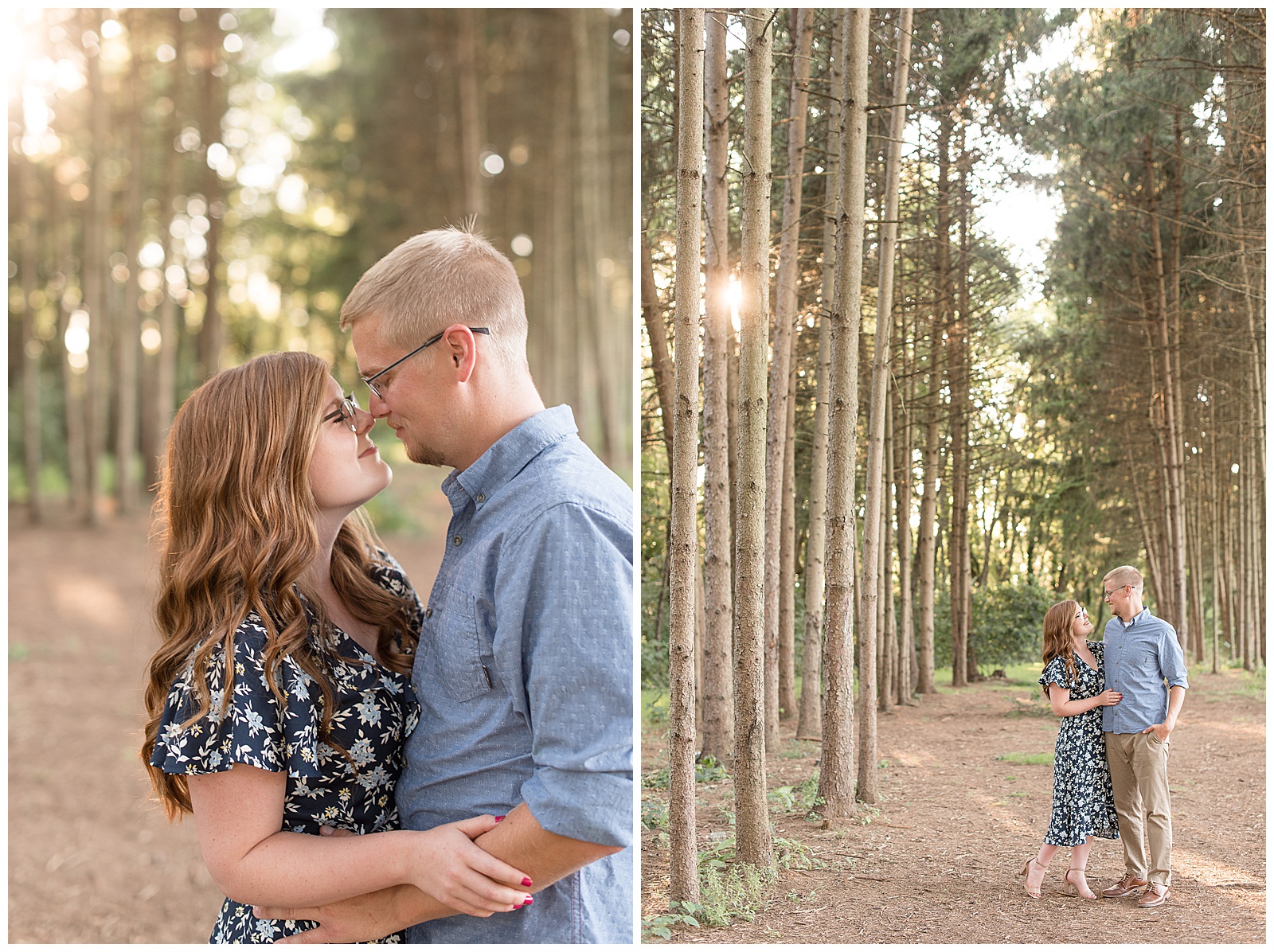 couple's engagement session at Overlook Park in Lancaster during the summer, guy in blue button up and girl in navy blue floral dress