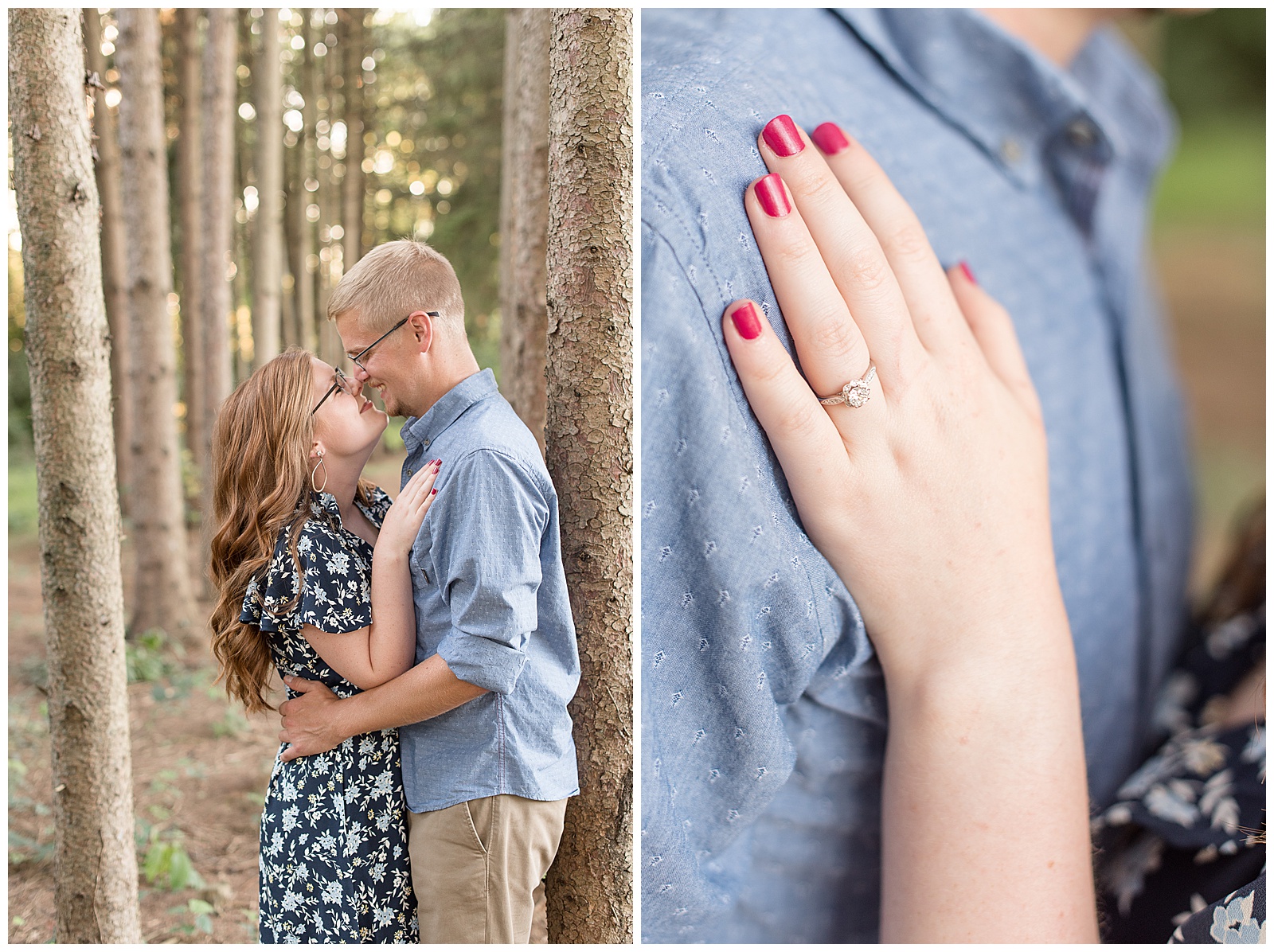 engagement session photos at Overlook Park during the summer in a grove of pine trees
