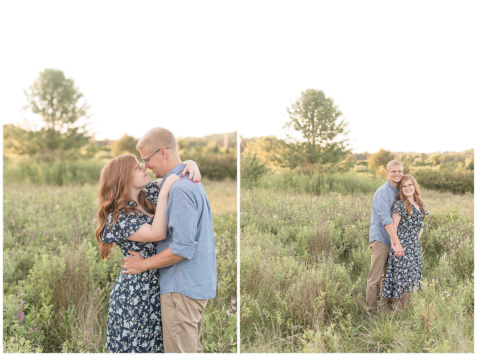 couple's engagement session during the summer at an open field of wild grasses