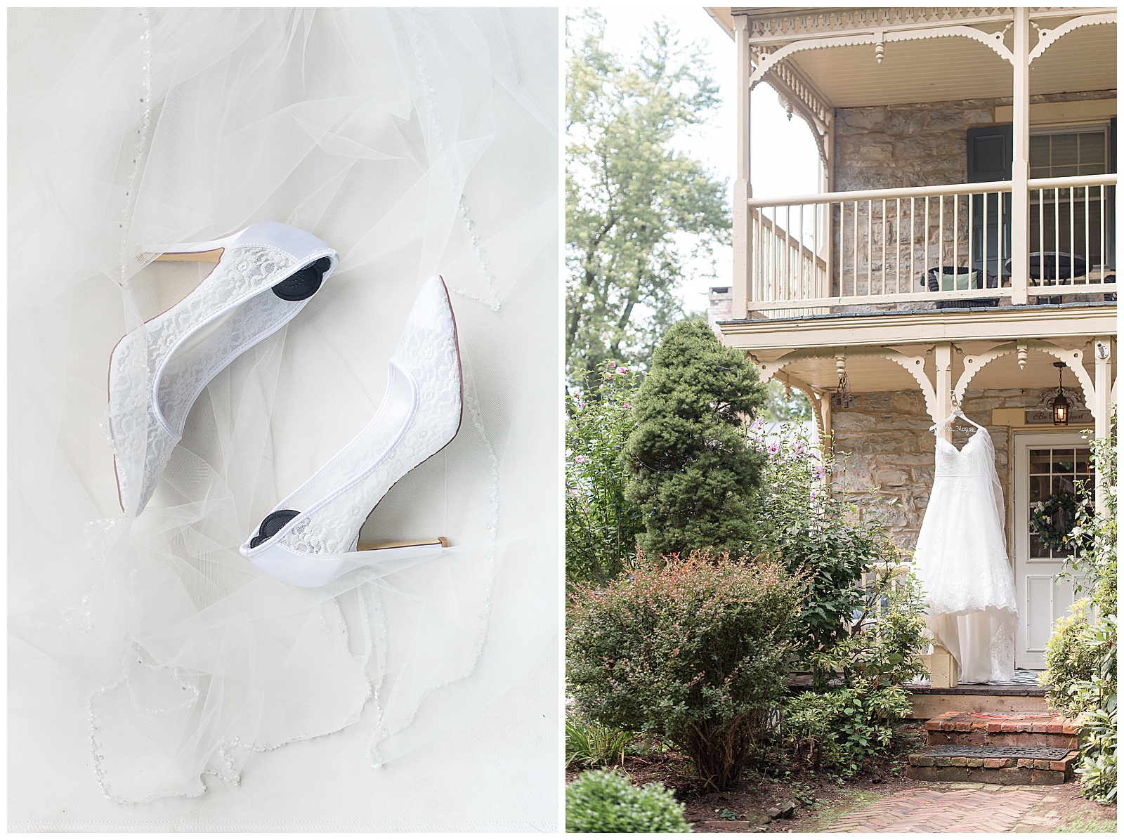 wedding details of wedding shoes and wedding dress hanging on porch