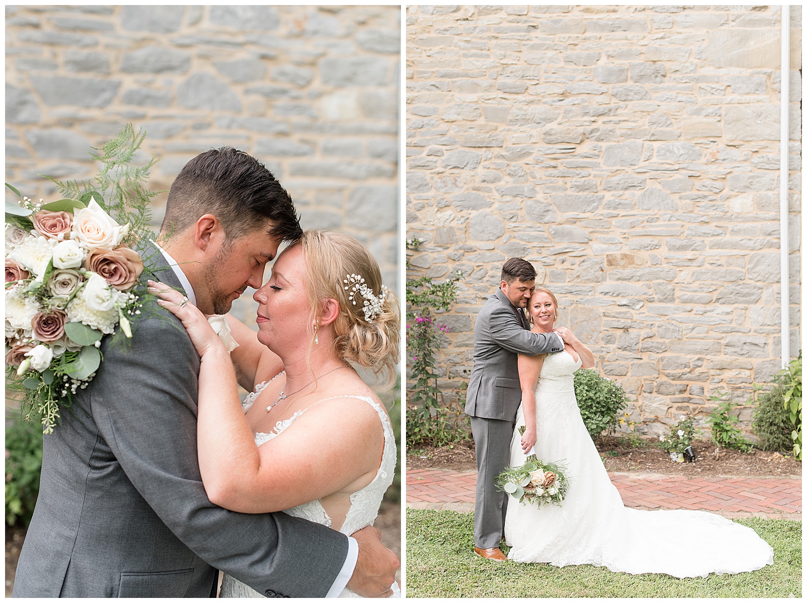 bride and groom portraits in front of stone wall at Fallen Tree Farms