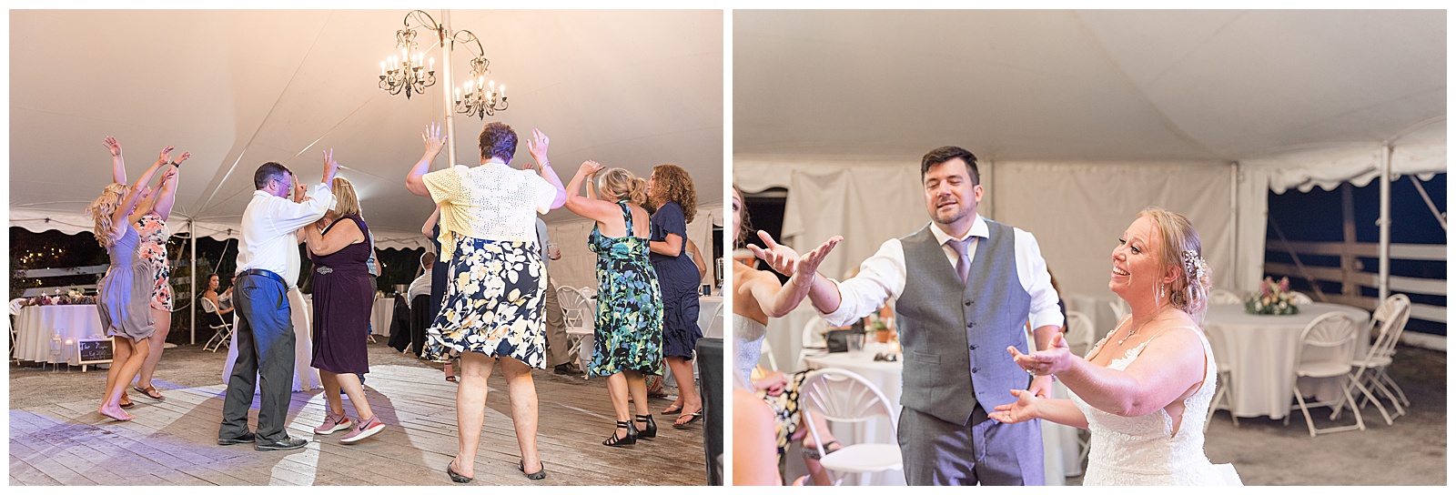 party group dancing at reception at Fallen Tree Farms