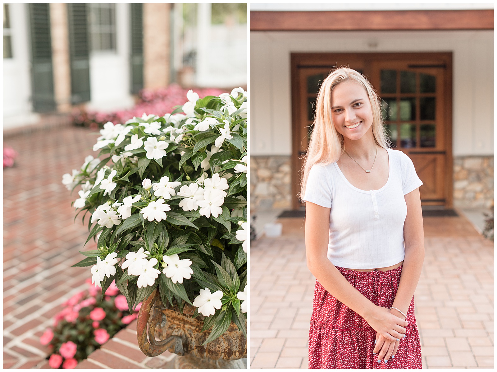 senior senior session at Drumore Estate with hands resting together in front wearing white shirt and red skirt