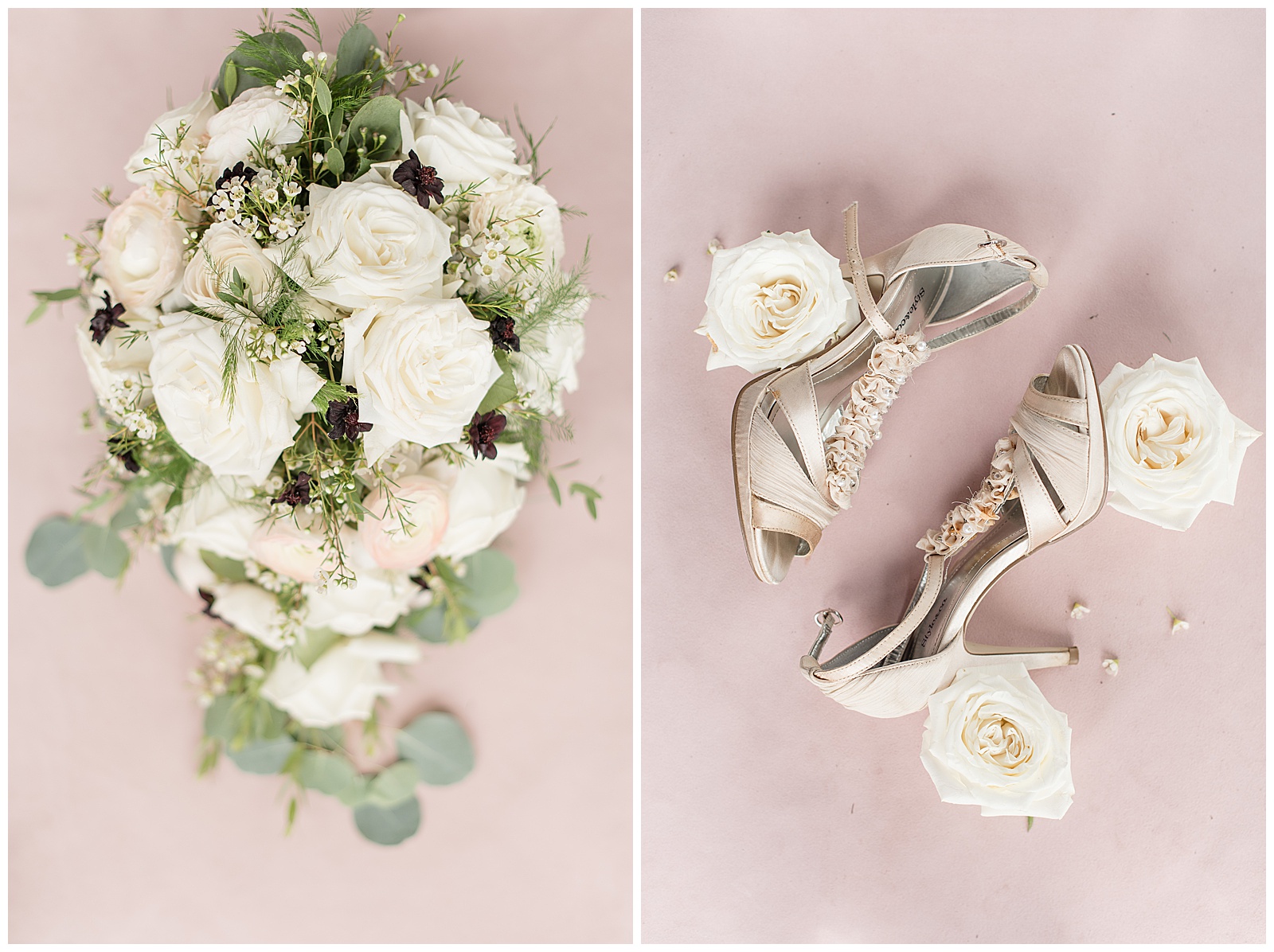 bridal details or floral bouquet and wedding shoes on pink suede background