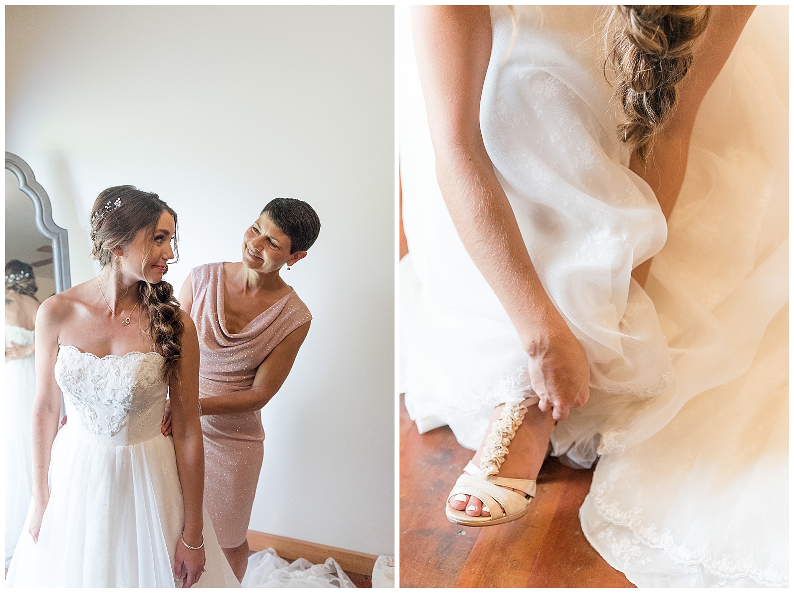 bride getting ready with help from mom at Country Barn wedding venue