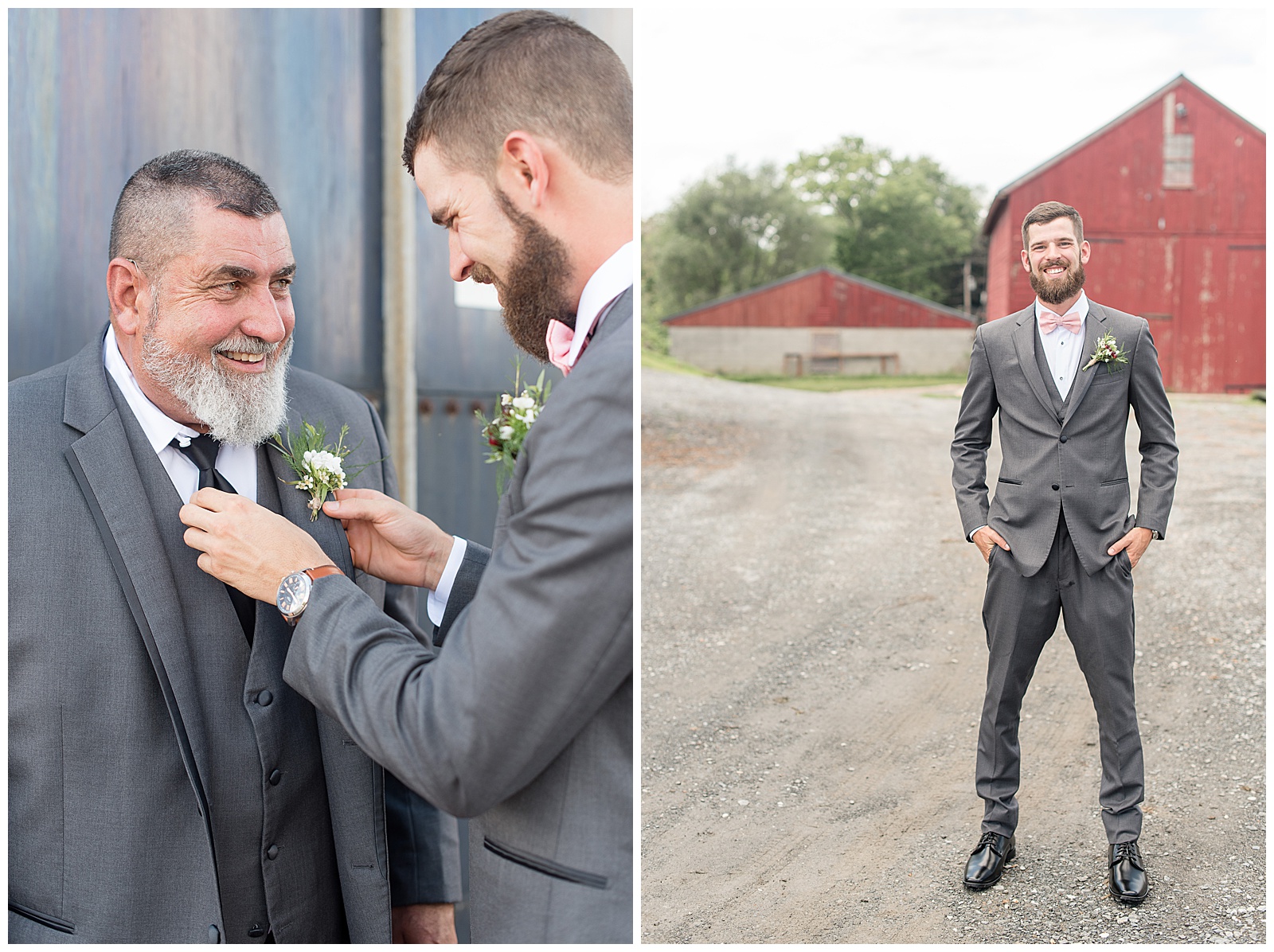 groom portrait in front of red barn at Country barn