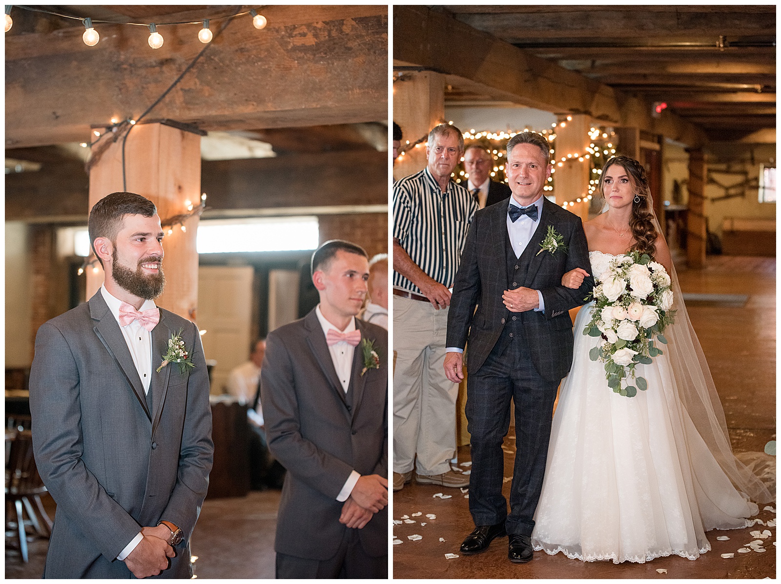 groom smiling as bride walks down the aisle with her dad inside barn at Country Barn