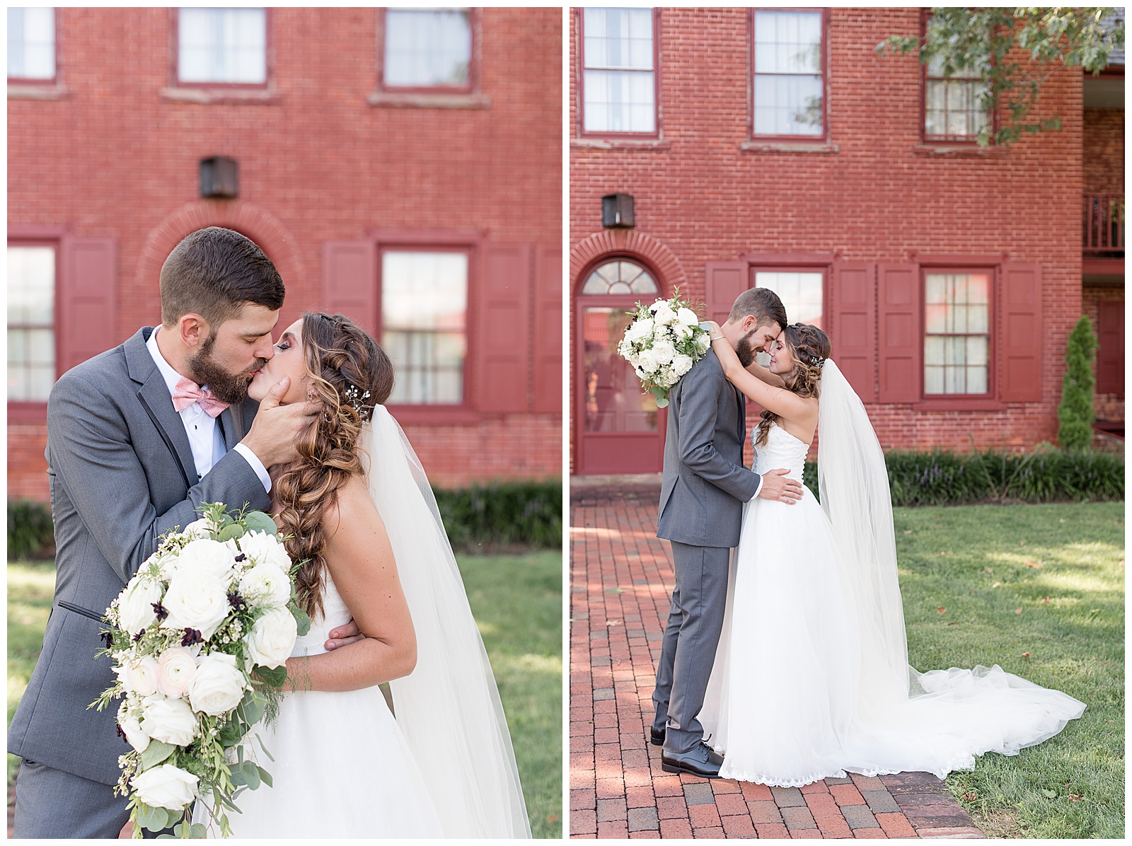 bride and groom portraits in courtyard with red brick house behind at Country Barn
