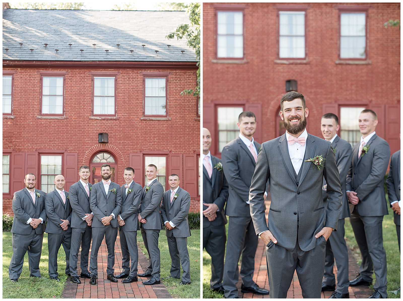 groom and groomsmen pictures in courtyard at the Country Barn