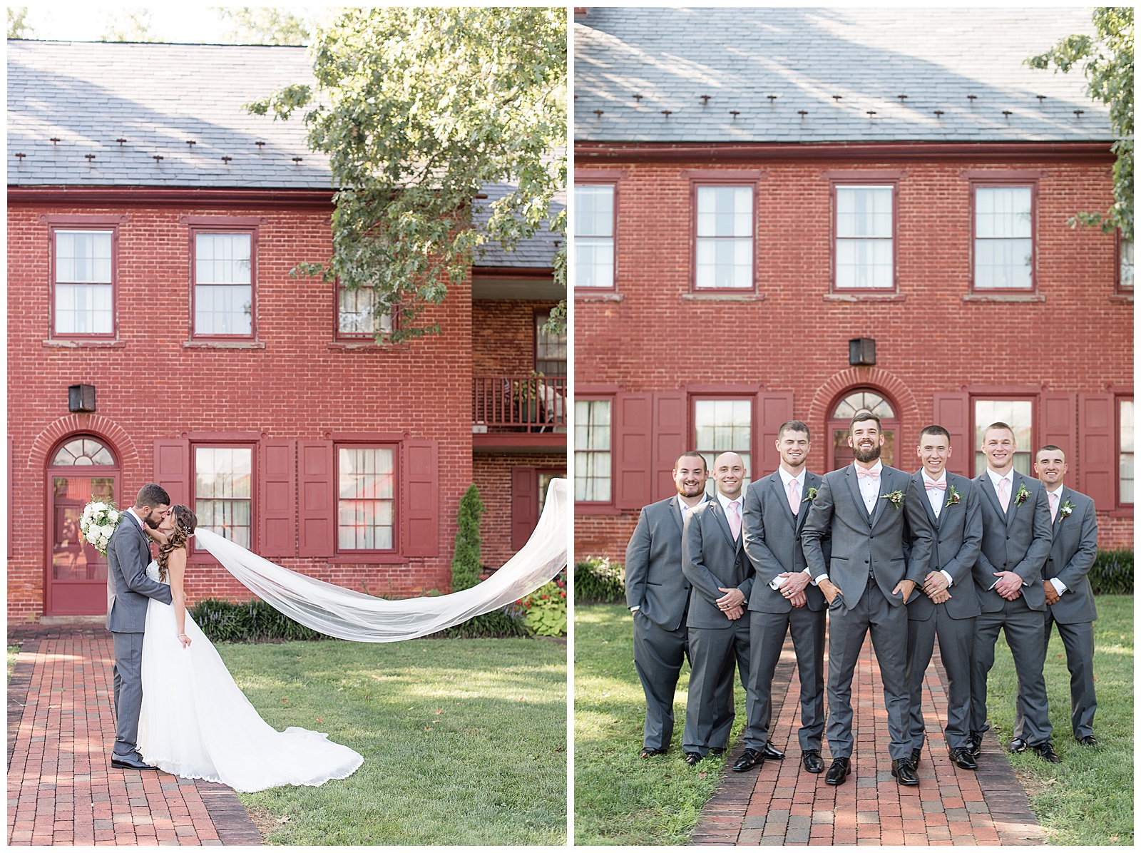 bridal party and birde and groom pictures in the courtyard at Country Barn wedding venue