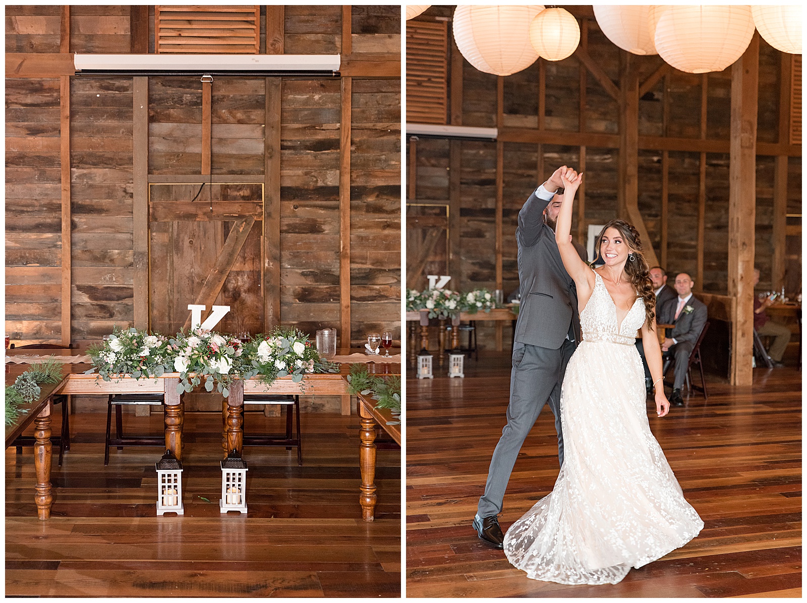 reception and first dance of bride and groom in Loft at Country Barn 