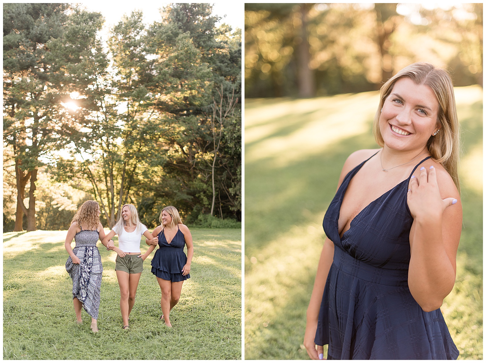 three senior girls walking together toward the camera with arms around each others' backs smiling together with sunshine and trees behind them, senior girl smiling with her body facing the right and her left hand on her left shoulder with a sunlit grassy field behind her