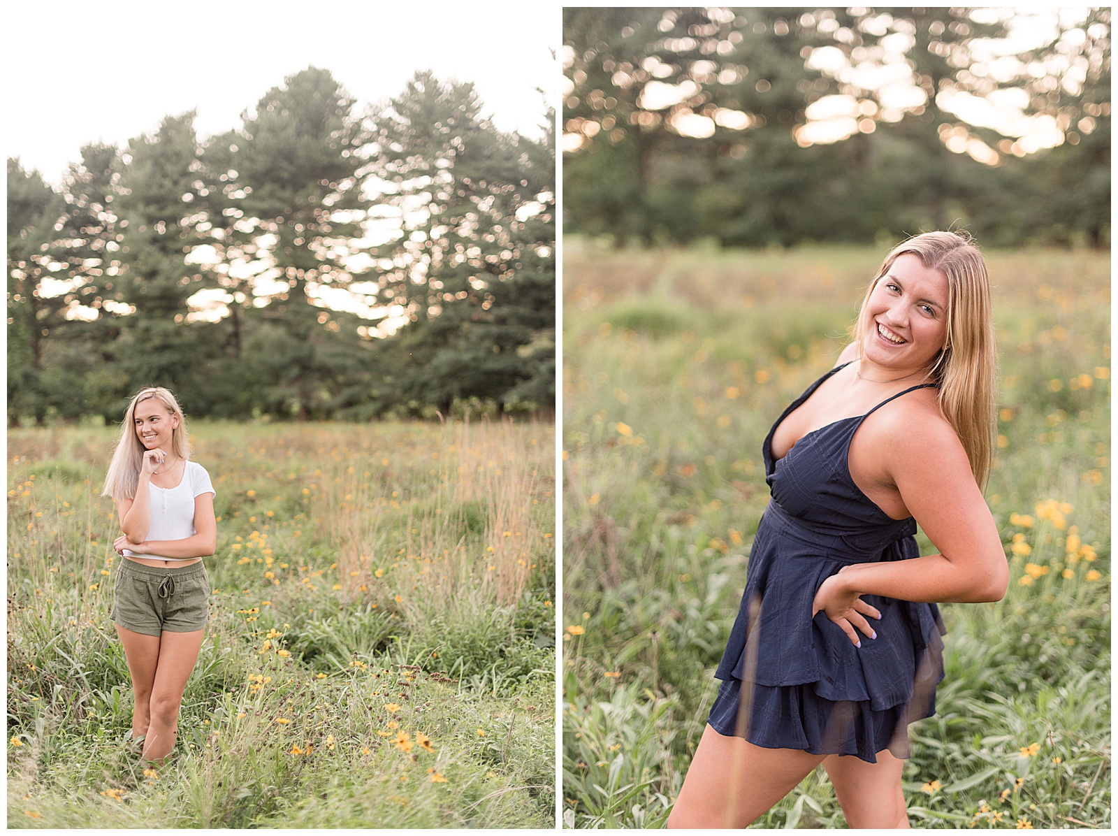 one senior girl on the left side of the photo with her left arm propping her right arm and hand against her chin and she's looking over her right shoulder while in the wildflower field, one senior girl is facing the right while arching back with her hands on her hips and her face looking over her left shoulder while in the wildflower field