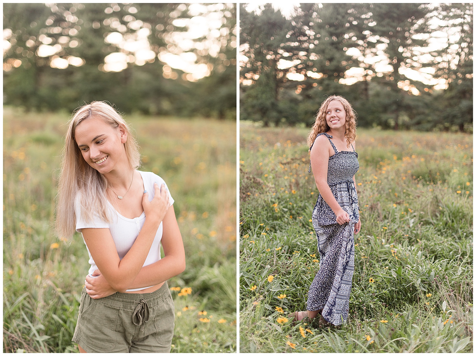 one senior close-up facing left looking over her right shoulder with her arms crossed while smiling in the wildflower field, one senior girl standing in wildflower field facing left looking over right shoulder holding onto her dress