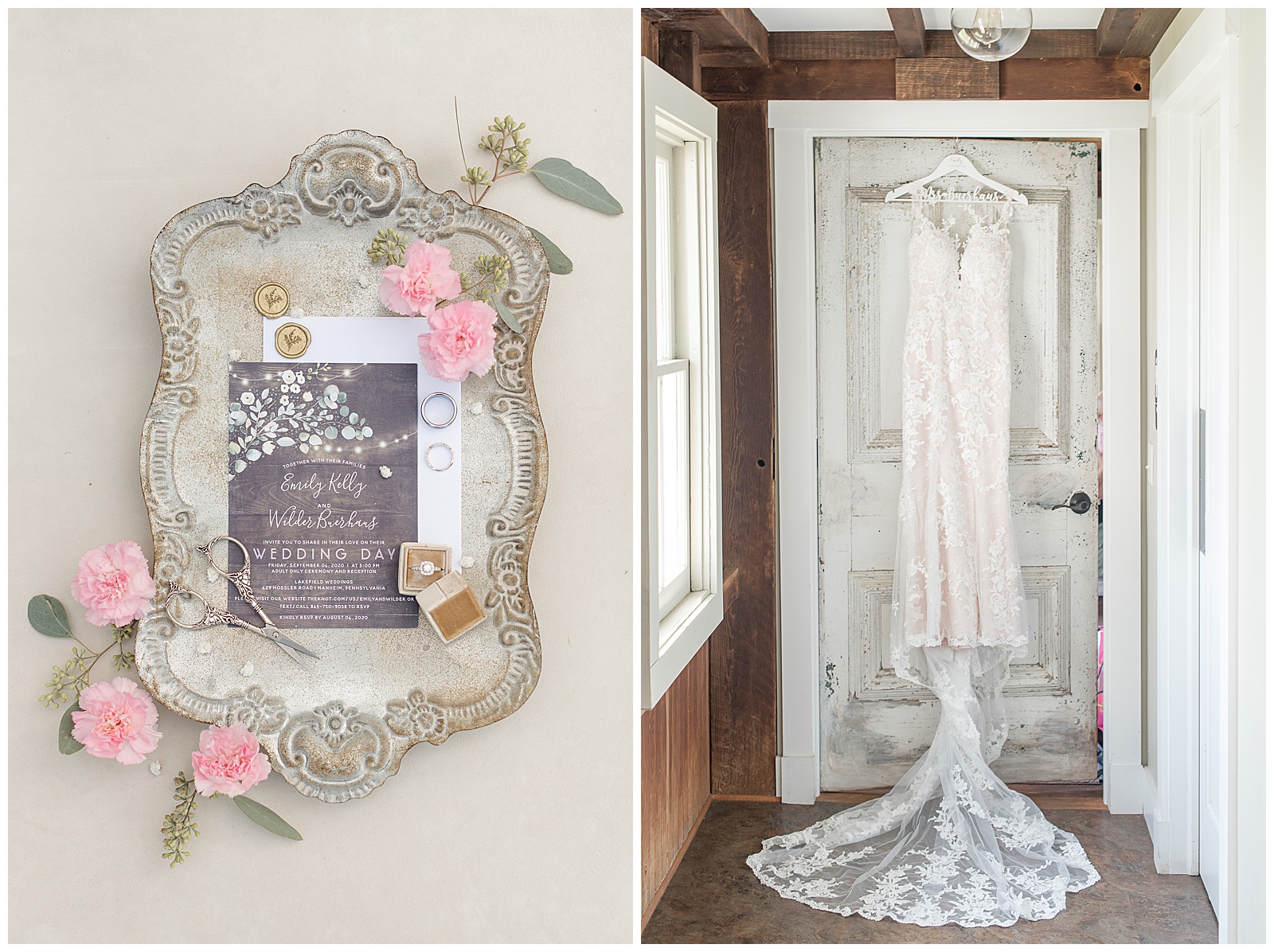 close up photo of wedding invitation surrounded by ornate frame and pink flowers, bride's beautiful sleeveless white dress with long train hanging on white door in bridal suite at Lakefield Weddings in Manheim, PA