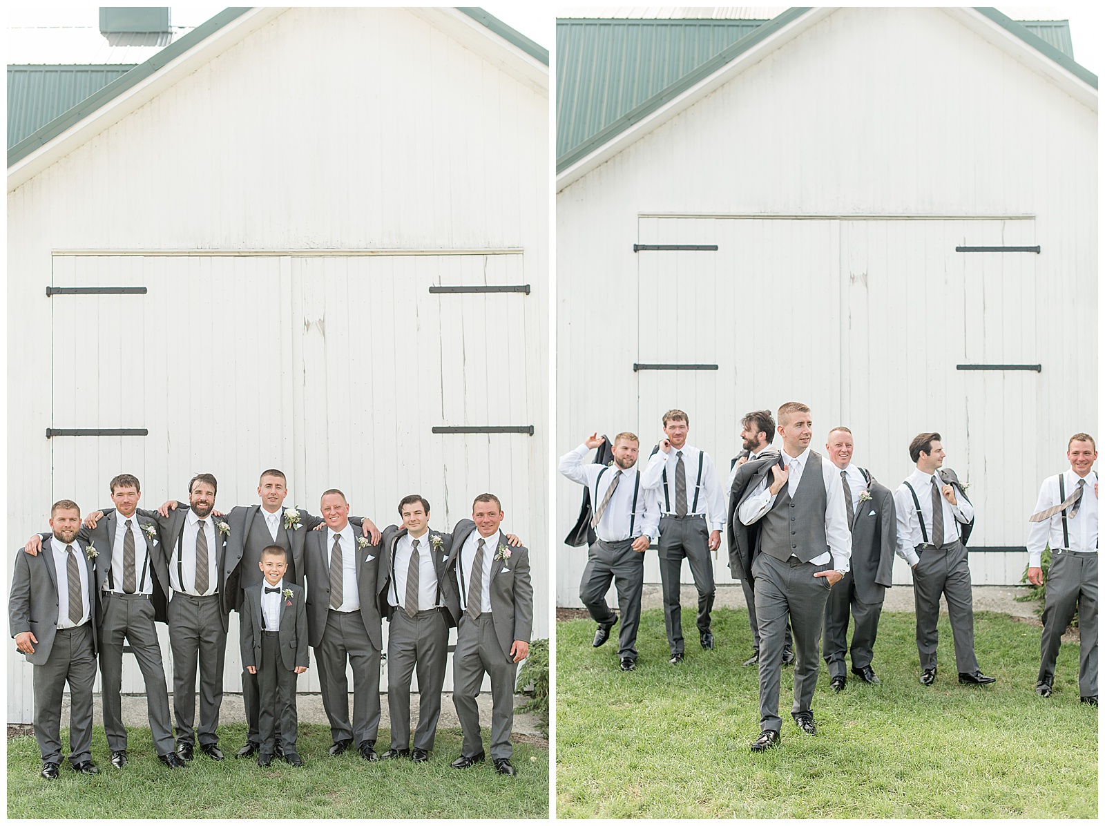 a vertical photo farther away of the groom in the center with three groomsmen on his right side and three groomsmen on his left side with everyone placing their arms around the shoulders of the person next to them and the ring bearer is standing in front of the groom with his hands at his sides with everyone wearing their dark gray suits with white dress shirts and ties in front of the white barn standing in the grass at Lakefield Weddings in Manheim, PA, the groom is standing slightly in front of the group of groomsmen and ring bearer and everyone has their suit coat off and slung over their shoulder with everyone looking in different directions and walking towards the camera in front of the white barn in the grass at Lakefield Weddings in Manheim, PA