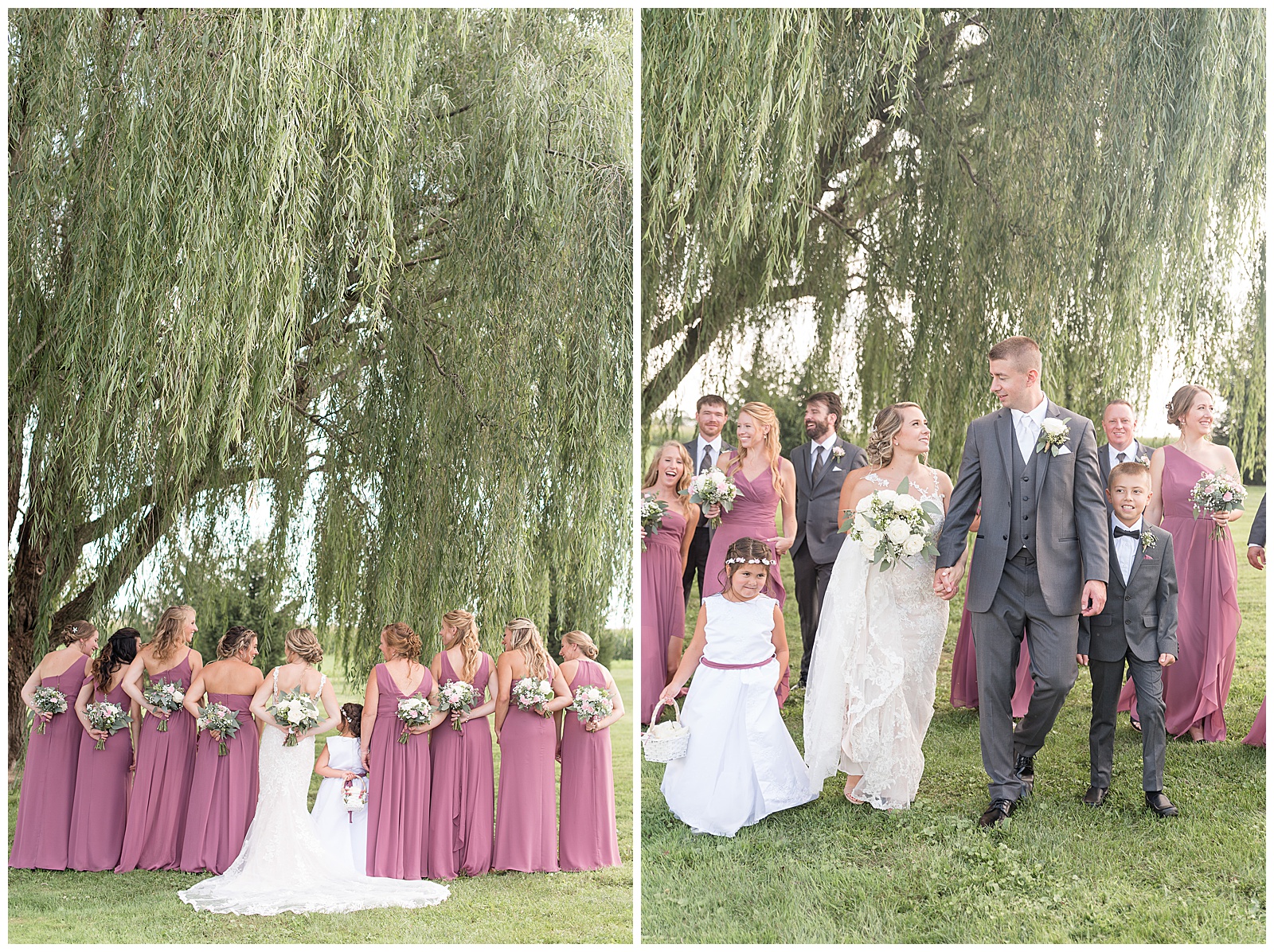 the bride is in the center with the flower girl to her right and four bridesmaids on either side of them with everyone's back to the camera and everyone's arms criss-cross around their backs while holding their flower bouquets and looking towards the bride while standing under the willow tree at Lakefield Weddings in Manheim, PA, the bride and groom and facing each other while smiling and walking toward the camera with the bride on the left and the flower girl beside her and the groom on the right and their bridal party scattered behind them and looking in different directions while standing her the willow tree at Lakefield Weddings in Manheim, PA