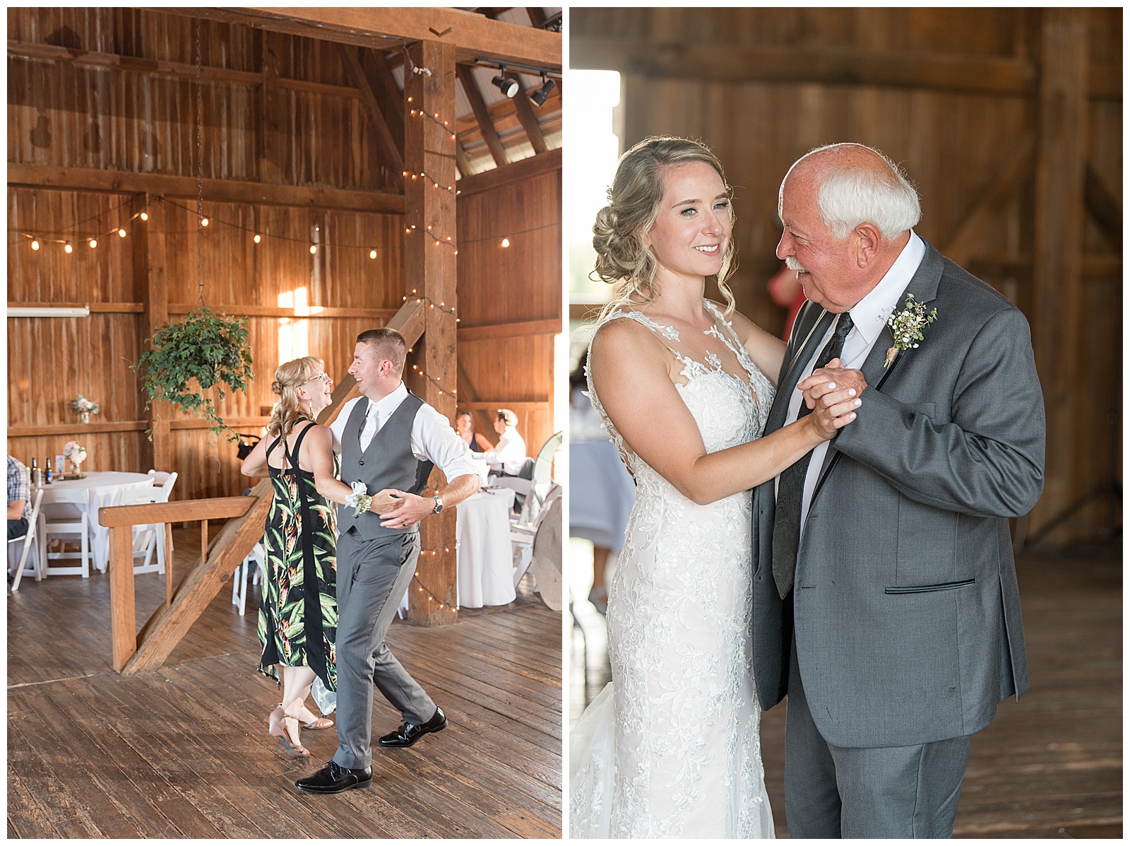 the mother of the groom is on the left and the groom is on the right and they are facing each other and holding hands while dancing together inside the barn reception area at Lakefield Weddings in Manheim, PA, a close up photo of the bride on the left and the father of the bride on the right and they are facing each other and holding hands and dancing together with the bride smiling and looking off in the distance towards the right side of the photo while her dad is looking at her in the barn reception area at Lakefield Weddings in Manheim, PA