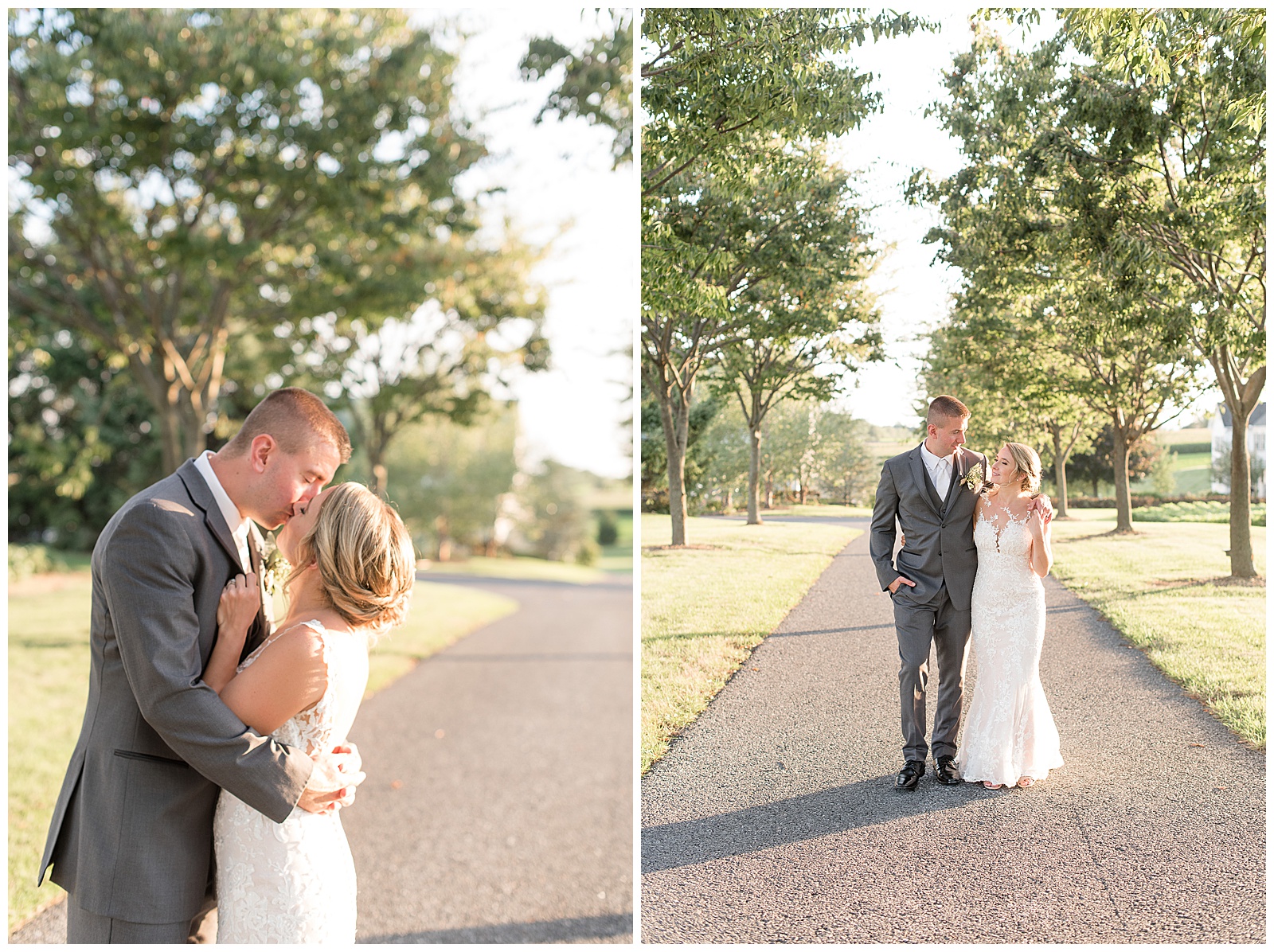 the groom is on the left and the bride is on the right close up on the left side of the photo facing each other and hugging tightly while kissing and standing on the paved pathway with trees in the background on a sunny day at Lakefield Weddings in Manheim, PA, the couple is standing in the center of the paved path with trees along the path and the groom on the left with his right hand in his pocket and the bride on the right with her arm around him and her left hand touching his on her left shoulder while they look at each other and smile on a sunny day at Lakefield Weddings in Manheim, PA