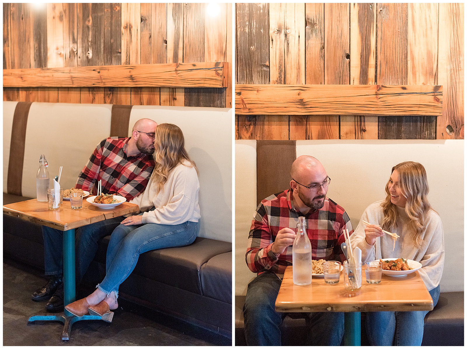 the couple is sitting in a booth kissing with the guy on the left leaning towards the girl on the right with hand on her lap and legs crossed and their food is sitting on the table, the couple is sitting in the booth and eating their food while smiling and talking in the bar in downtown Pittsburgh