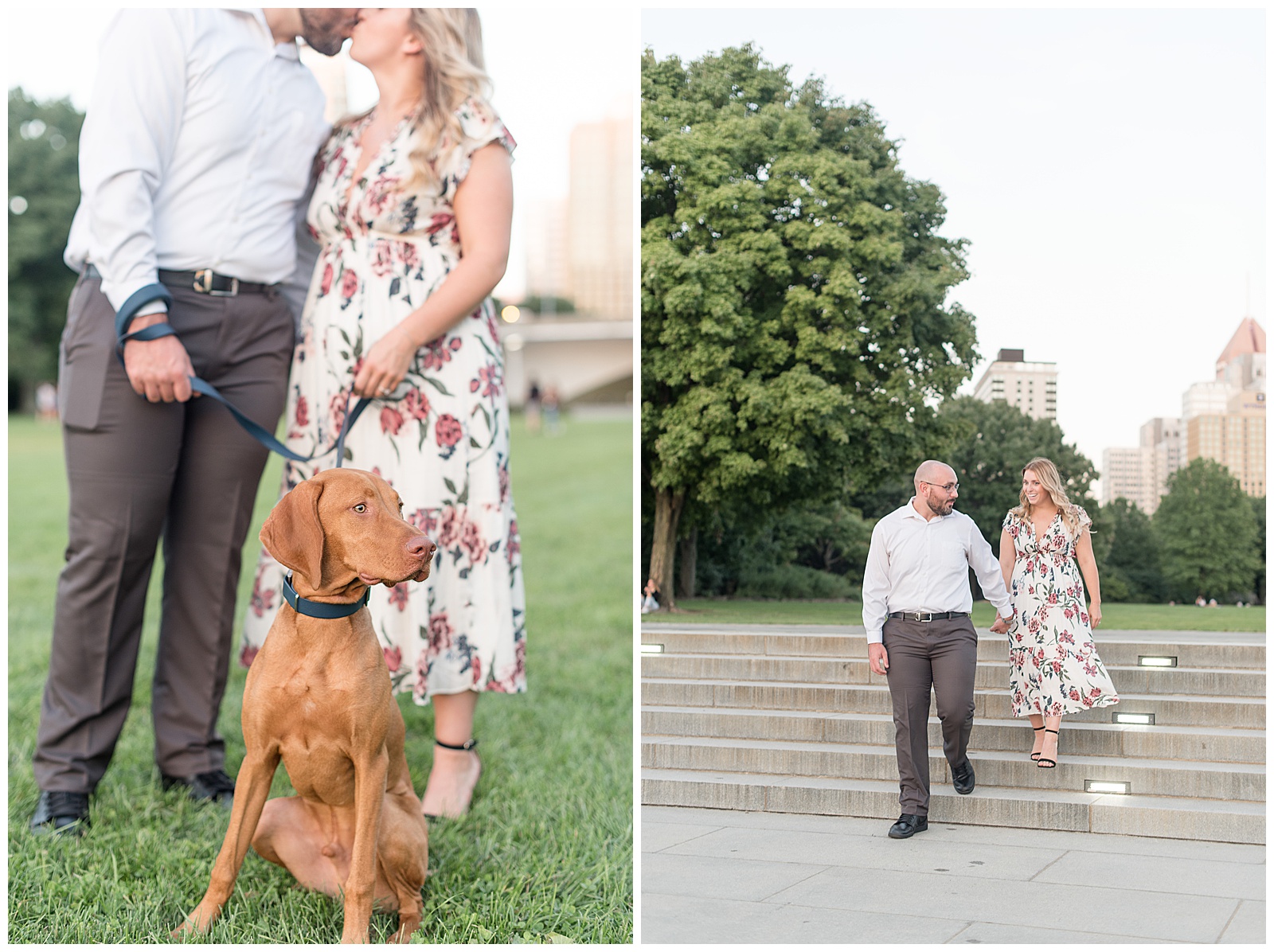 close up photo of the couple's dog sitting looking to the left as the couple holds its leash while standing closely and kissing with the guy on the left and the girl on the right as they are turning towards one another in downtown Pittsburgh, the couple is walking towards the camera and also walking down a small set of concrete stairs outdoors with a large tree and bright sky behind them with the guy on the left and the girl on the right and they are holding hands and he is looking back at her in downtown Pittsburgh