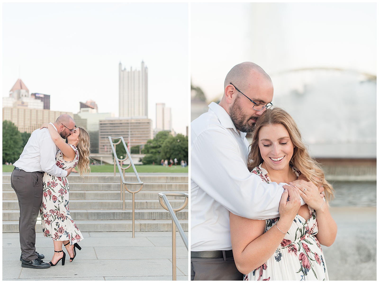the couple is on the left hand side of the photo facing each other kissing and hugging each other tightly with the guy on the left and the girl on the right leaning back slightly and her right foot propped back with concrete stairs and a handrail and trees and buildings behind them in downtown Pittsburgh, a closeup photo of the couple outdoors with the guy on the left behind the girl hugging her tightly and resting his face on her head as they both smile and the girl is holding her hands up to his hands around her as she looks down towards the ground in downtown Pittsburgh
