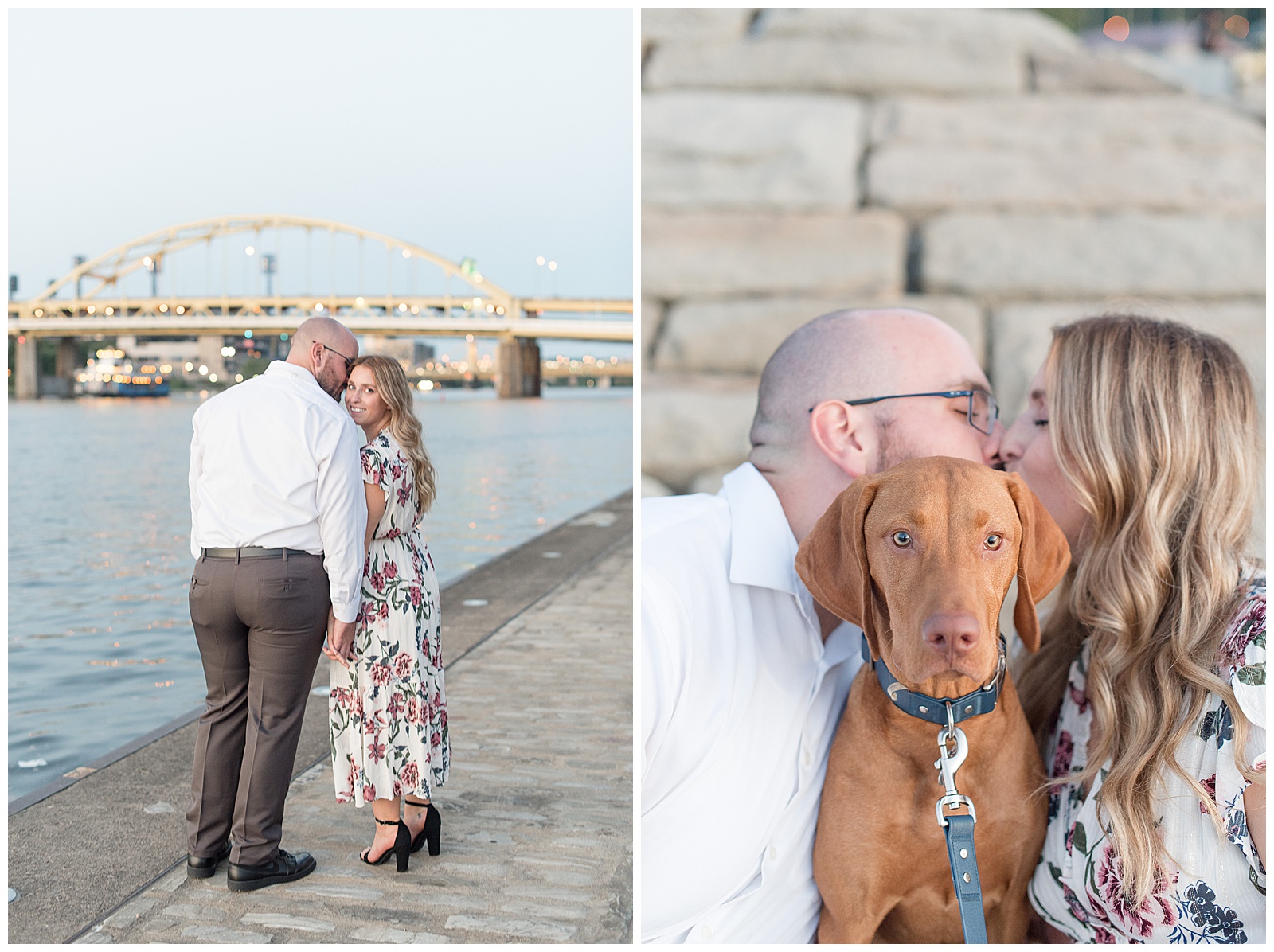 the couple is walking along a river on a concrete walkway with their backs to the camera and the guy is on the left and kissing the girl's right forehead as the girl is looking back at the camera behind her with the river and a bridge in the background at sunset in downtown Pittsburgh, a close up photo of the couple's dog looking right at the camera as the couple is kissing closely behind the dog with a gray stone wall behind them and the guy is on the left and the girl is on the right in downtown Pittsburgh