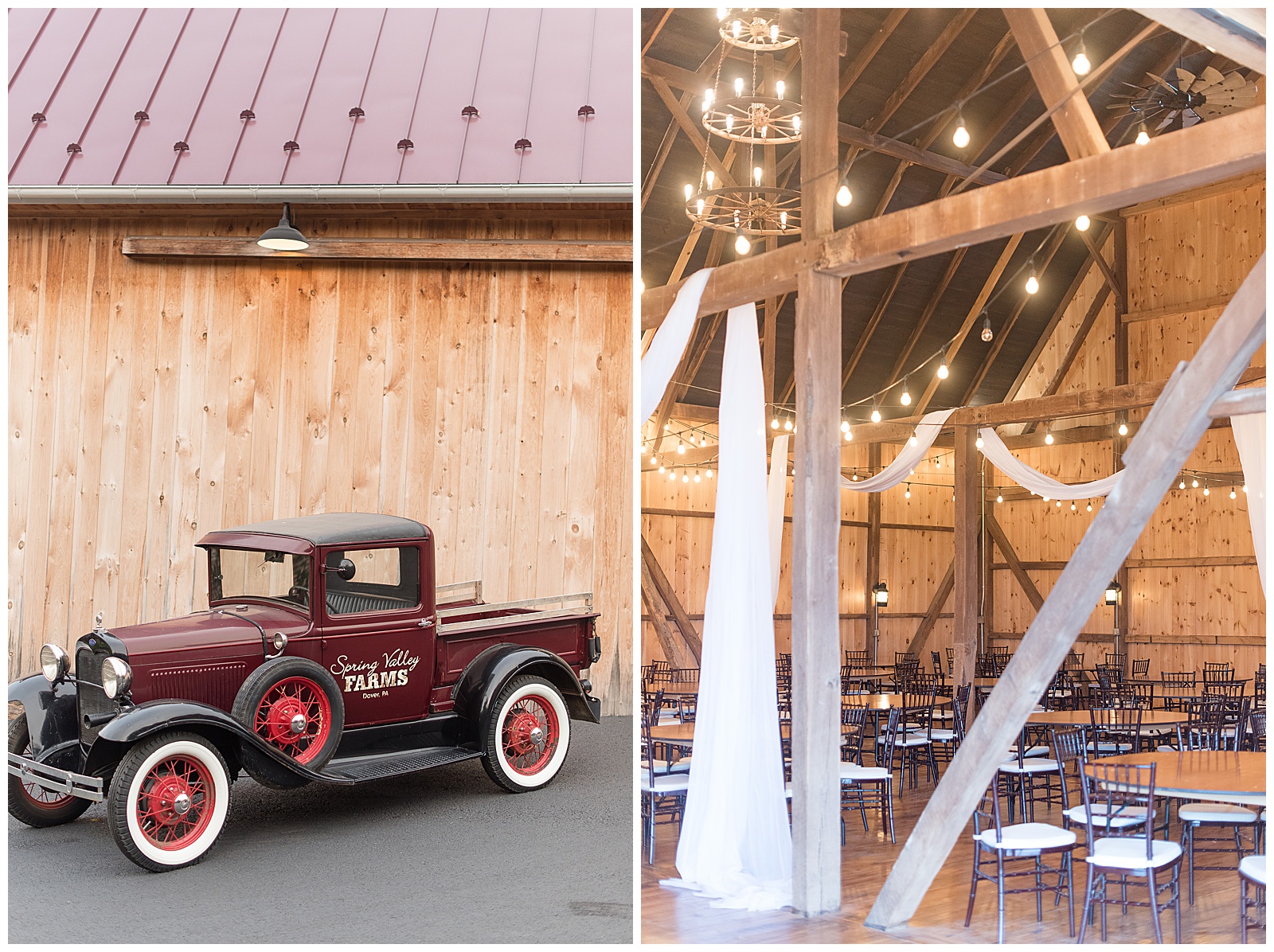 close up photo of antique maroon Model A Ford parked in front of wooden barn with maroon metal roof at Spring Valley Farms in Dover, PA, close up photo of interior of barn reception venue with exposed wooden beams and lights and draped fabric over barn beams and tables and chairs set up at Spring Valley Farms in Dover, PA